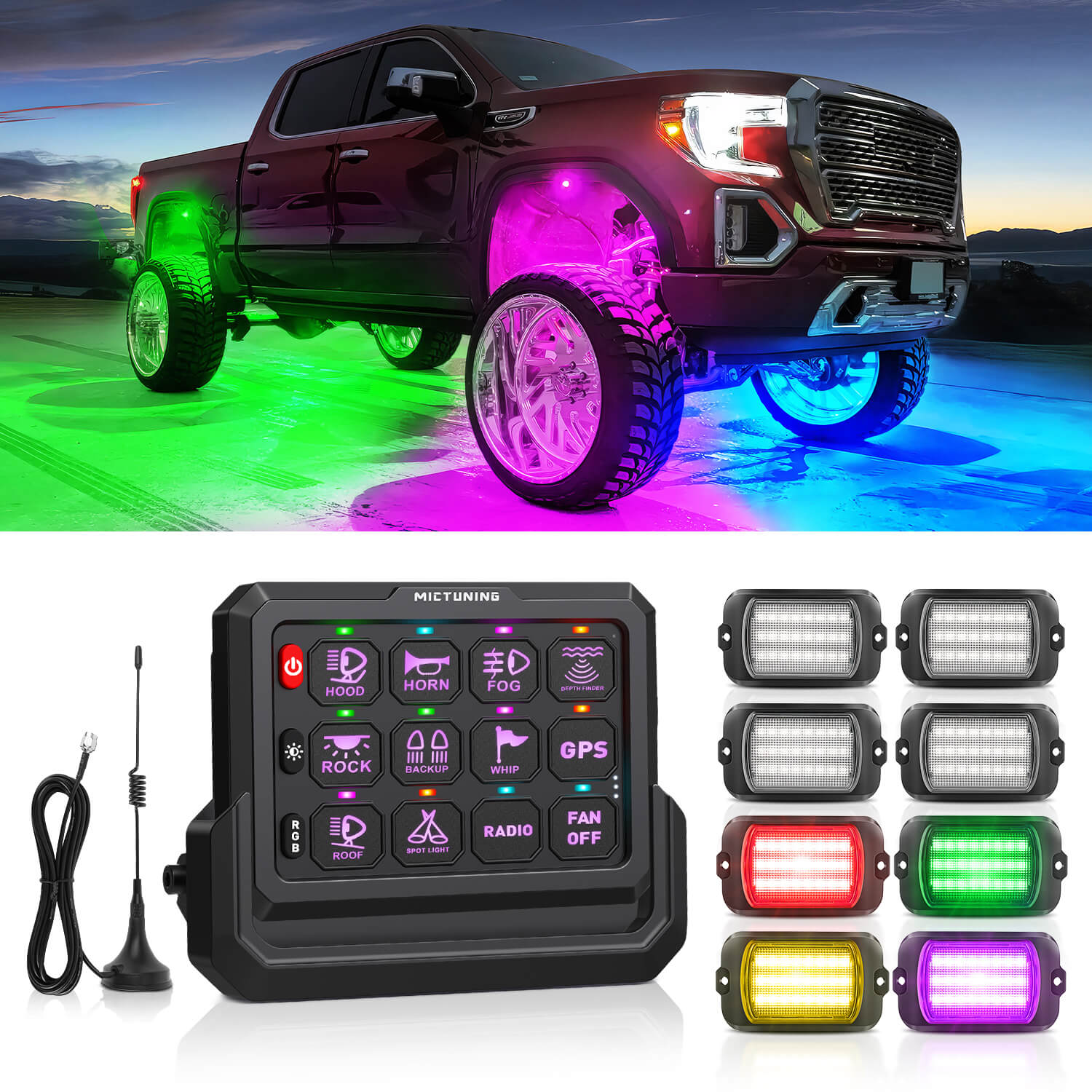 Q1 Max RGB+IC Rock Lights 8-24 Pods Bundle with P1s-W Wireless RGB Switch Panel 8/12 Gang, Up to 328FT Range