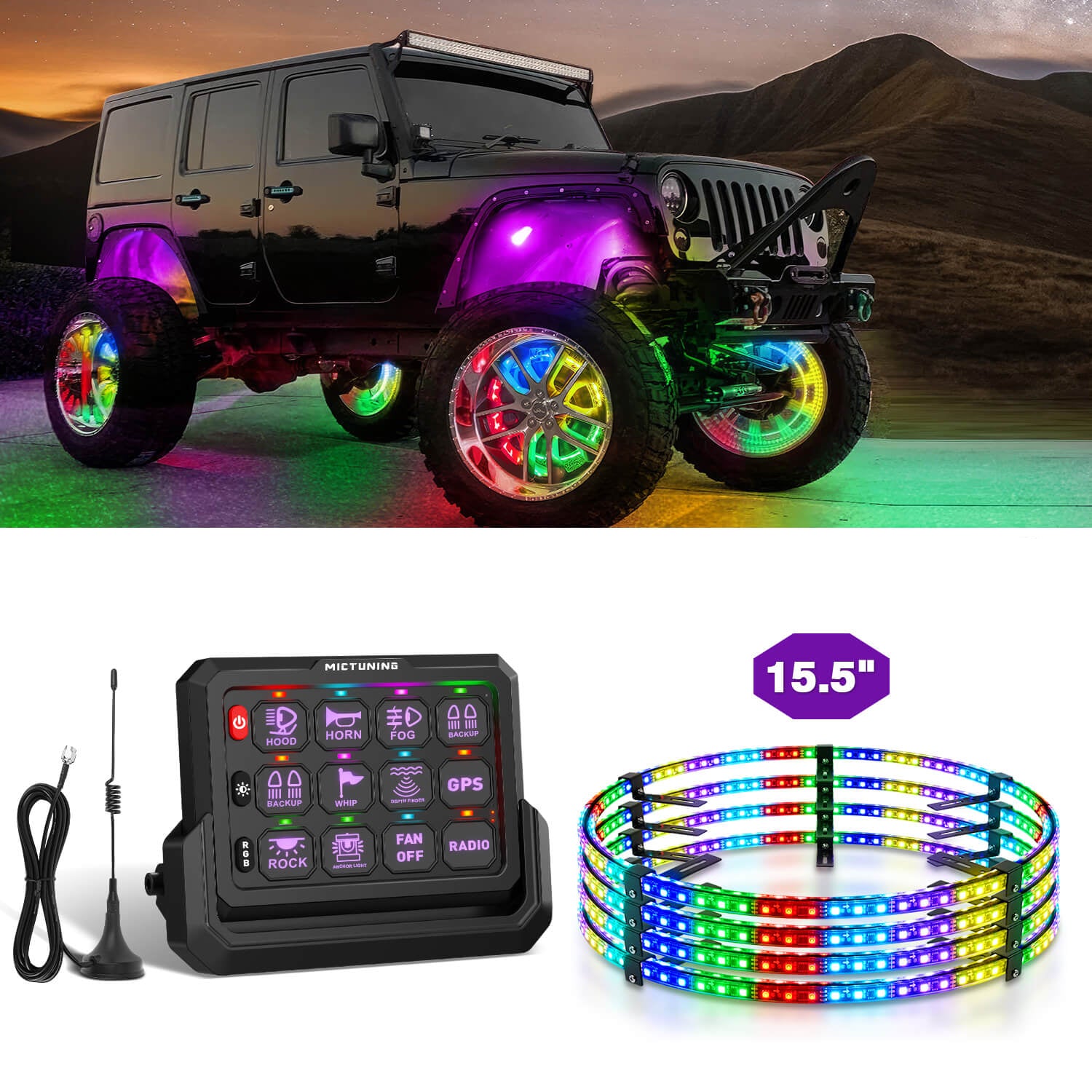 15.5″/17″ V1 RGB+IC Chasing Color Wheel Ring Lights Kit Bundle with P1s-W Wireless RGB Switch Panel 8/12 Gang, Up to 328FT Range