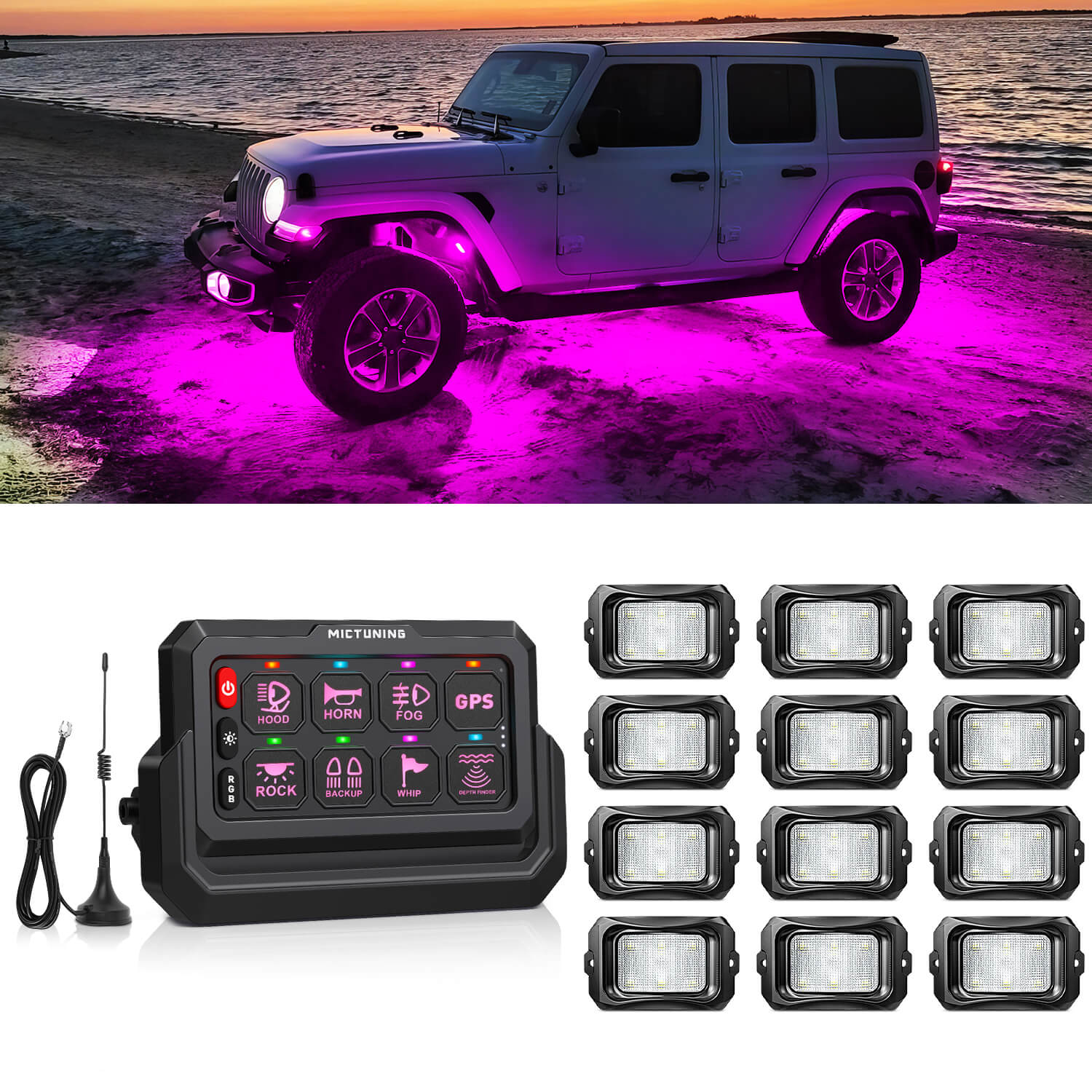 MICTUNING C2 RGBW LED Rock Lights Kit + P1s-W Wireless RGB Switch