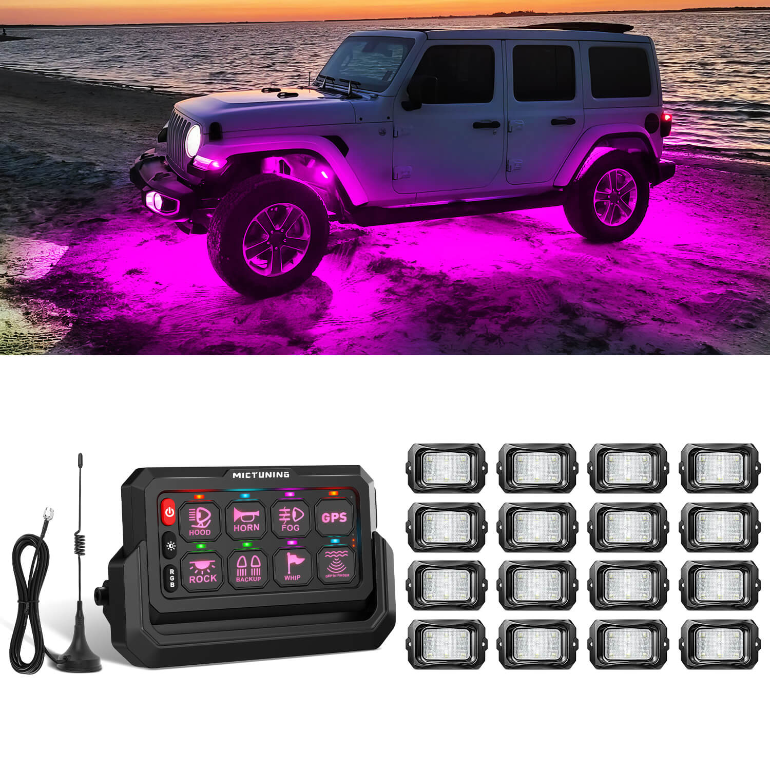 C2 RGBW LED Rock Lights Kit 8-16 Pods Bundle with P1s-W Wireless RGB Switch Panel 8/12 Gang, Up to 328FT Range