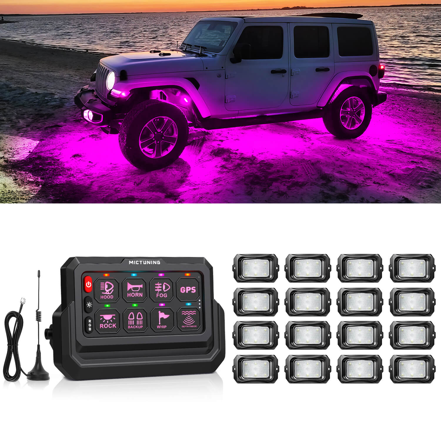 MICTUNING C2 RGBW LED Rock Lights Kit + P1s-W Wireless RGB Switch