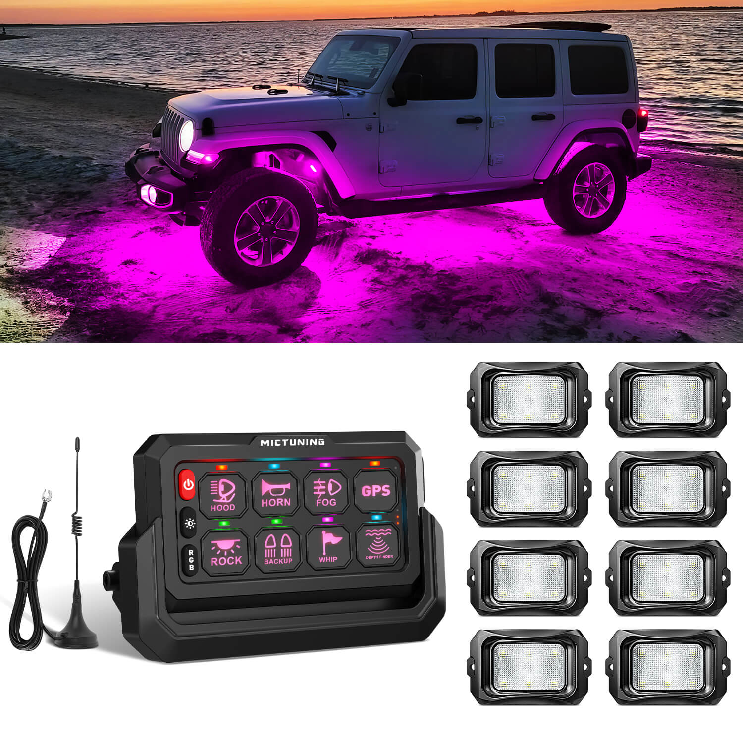 C2 RGBW LED Rock Lights Kit 8-16 Pods Bundle with P1s-W Wireless RGB Switch Panel 8/12 Gang, Up to 328FT Range