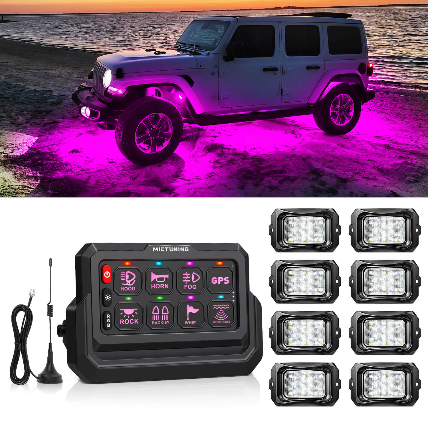MICTUNING C2 RGBW LED Rock Lights Kit + P1s-W Wireless RGB Switch
