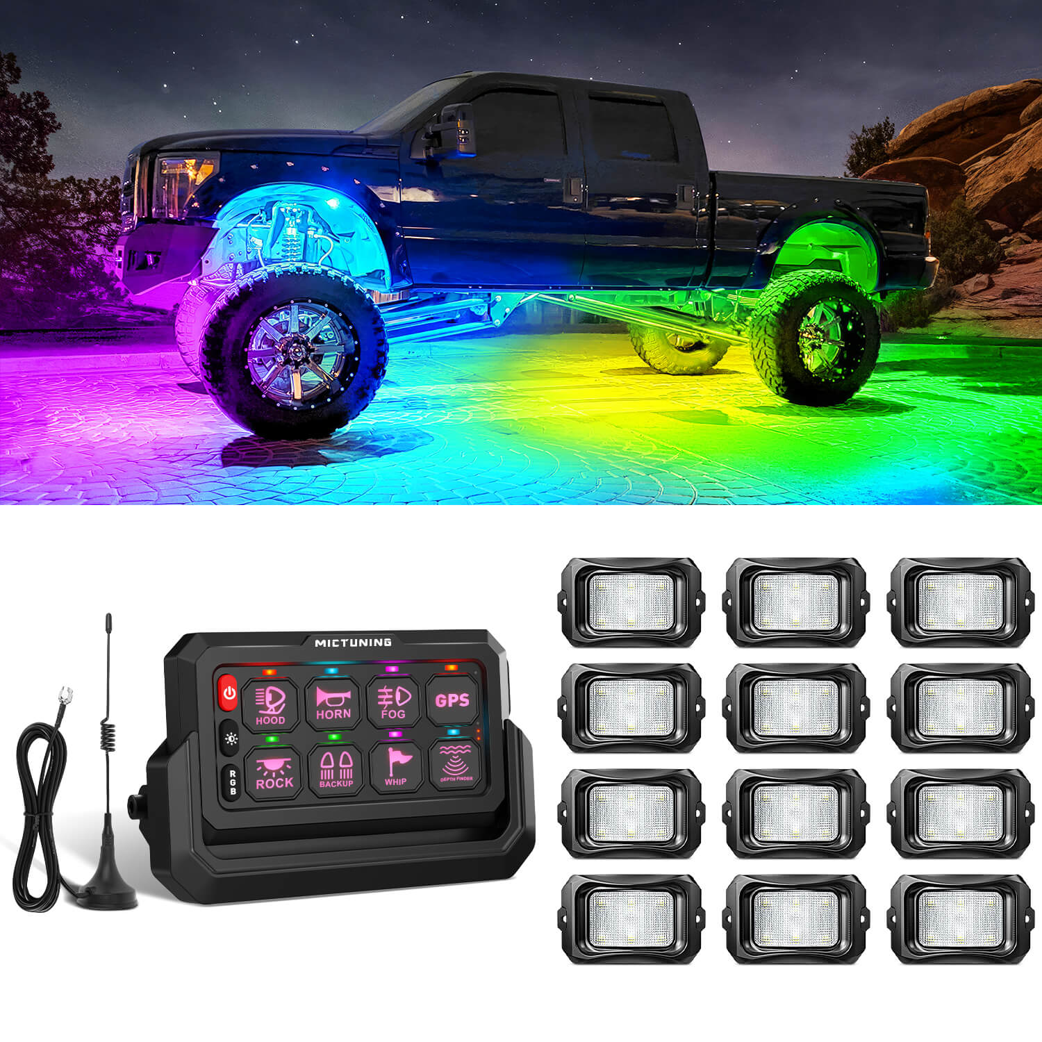 C2 Max RGB+IC Chasing Color Rock Lights 8-24 Pods Bundle with P1s-W Wireless RGB Switch Panel 8/12 Gang, Up to 328FT Range