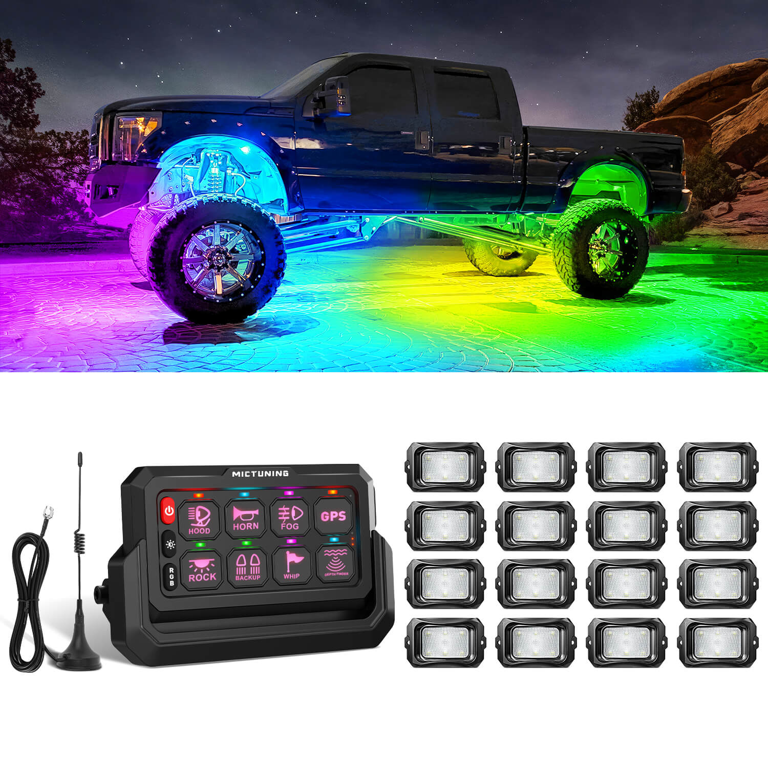 C2 Max RGB+IC Chasing Color Rock Lights 8-24 Pods Bundle with P1s-W Wireless RGB Switch Panel 8/12 Gang, Up to 328FT Range