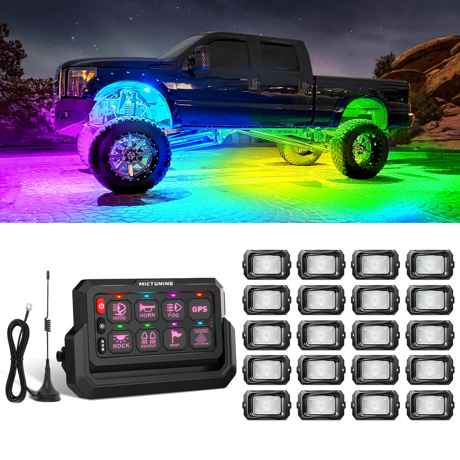C2 Max RGB+IC Chasing Color Rock Lights 8-24 Pods Bundle with P1s-W Wireless RGB Switch Panel 8/12 Gang, Up to 328FT Range