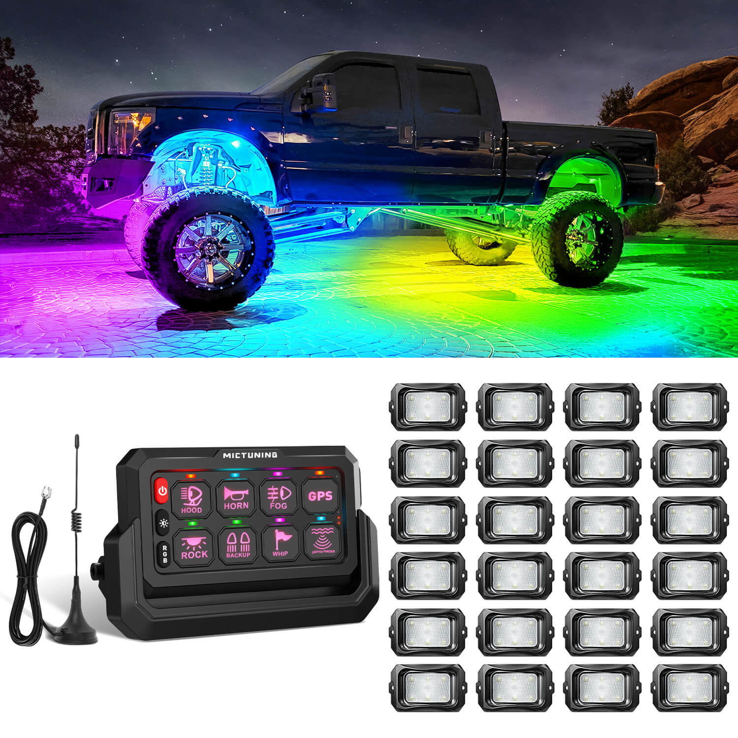 C2 Max RGB+IC Chasing Color Rock Lights 8-24 Pods Bundle with P1s-W Wireless RGB Switch Panel 8/12 Gang, Up to 328FT Range