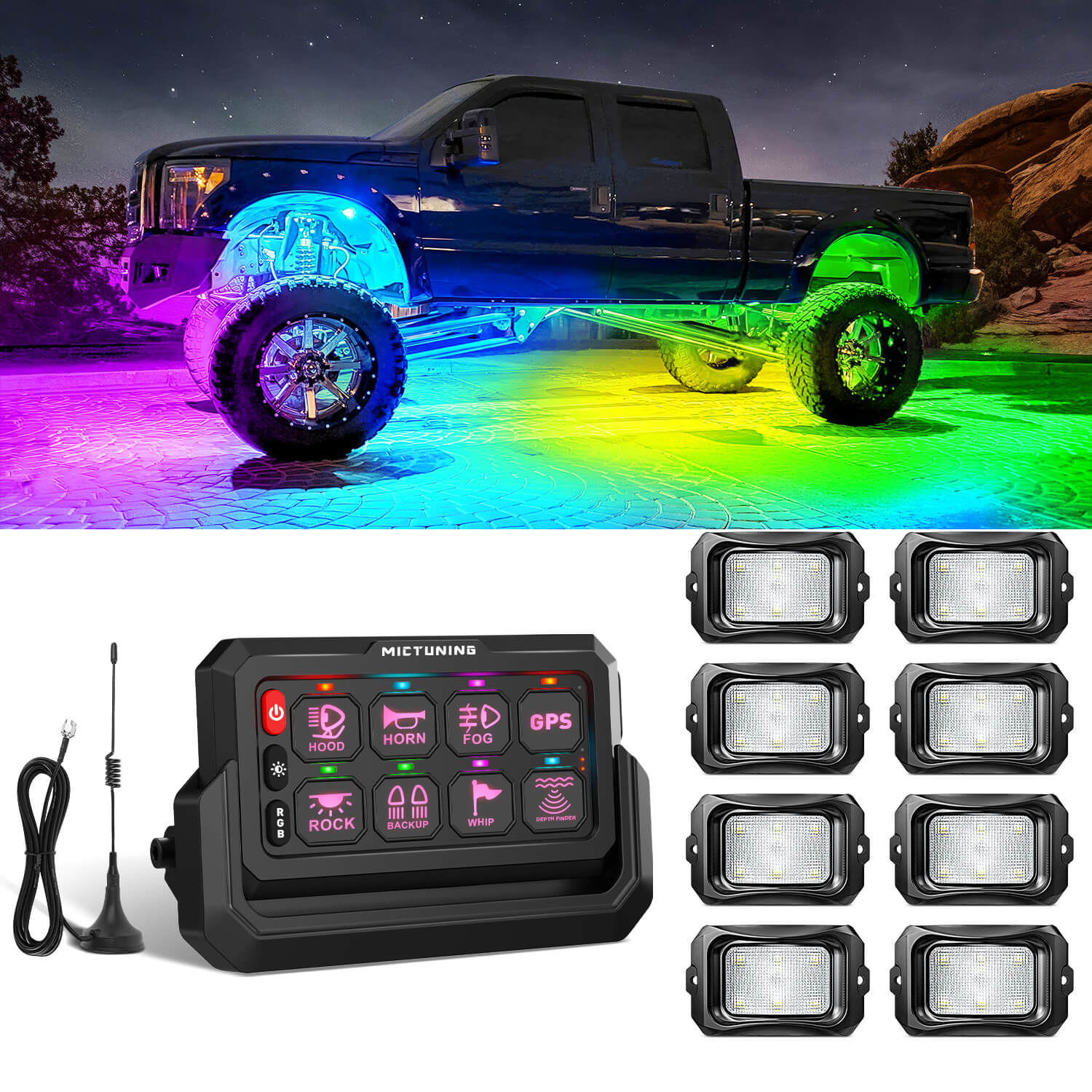 C2 Max RGB+IC Chasing Color Rock Lights 8-24 Pods Bundle with P1s-W Wireless RGB Switch Panel 8/12 Gang, Up to 328FT Range