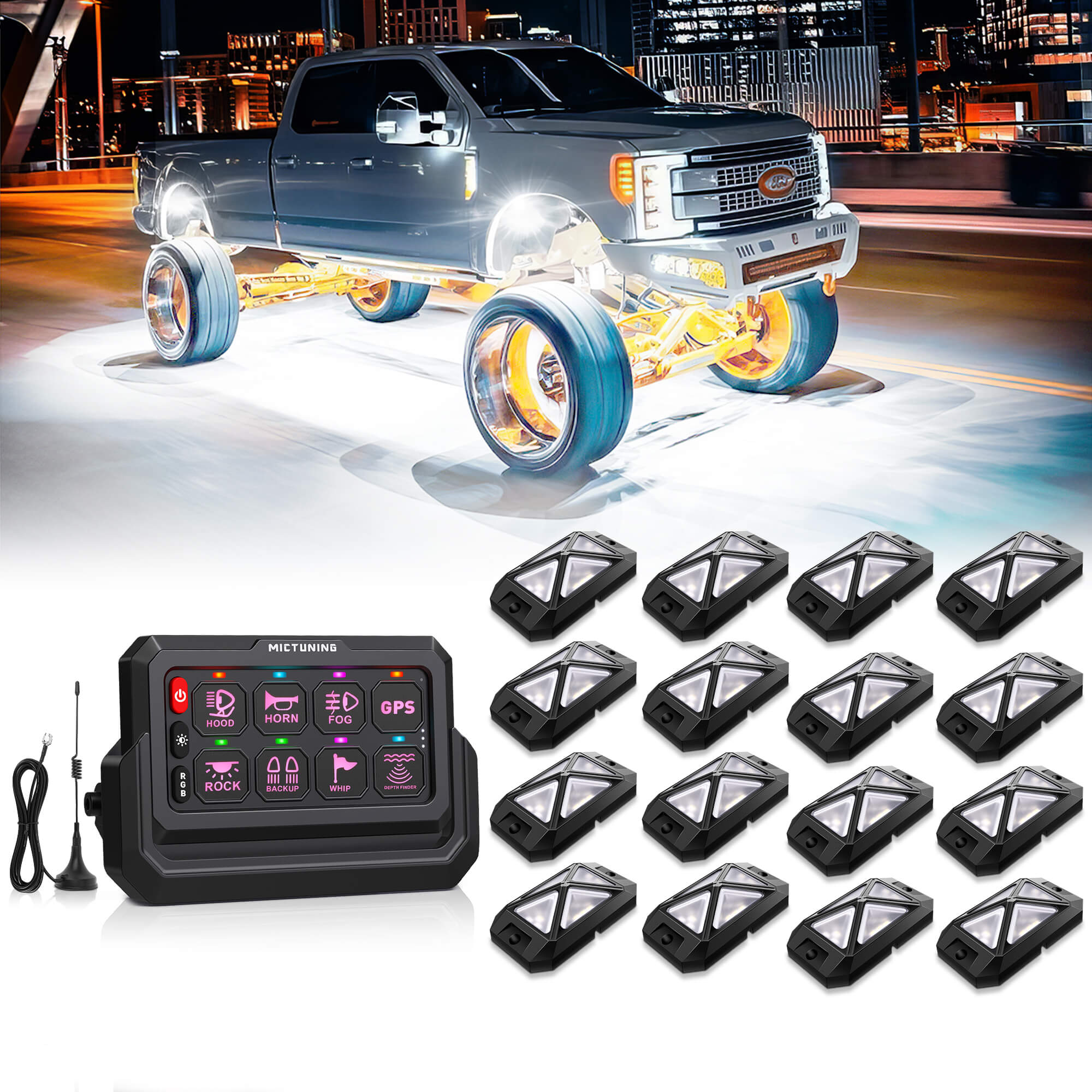C4 4-Sided Wide Angle RGBW LED Rock Lights 8-16 Pods Bundle with P1s-W Wireless RGB Switch Panel 8/12 Gang, Up to 328FT Range
