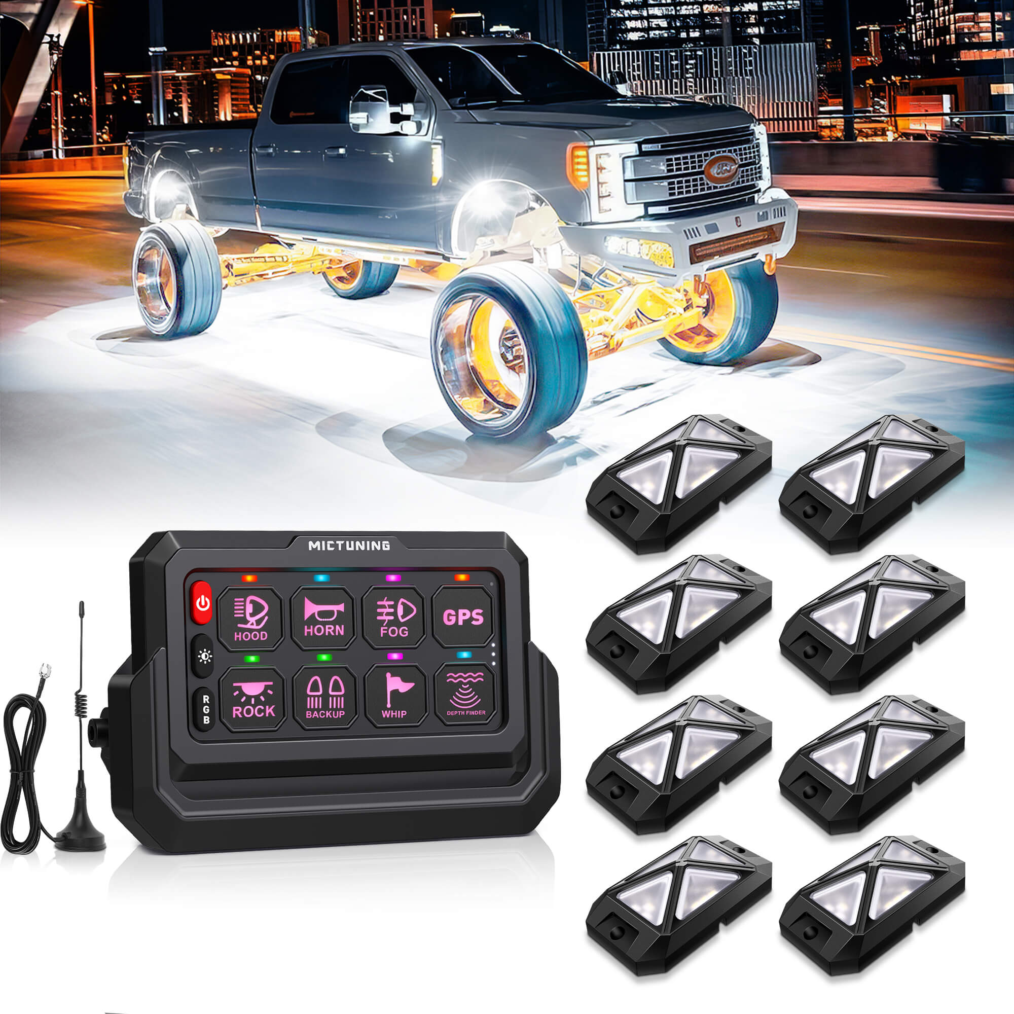C4 4-Sided Wide Angle RGBW LED Rock Lights 8-16 Pods Bundle with P1s-W Wireless RGB Switch Panel 8/12 Gang, Up to 328FT Range