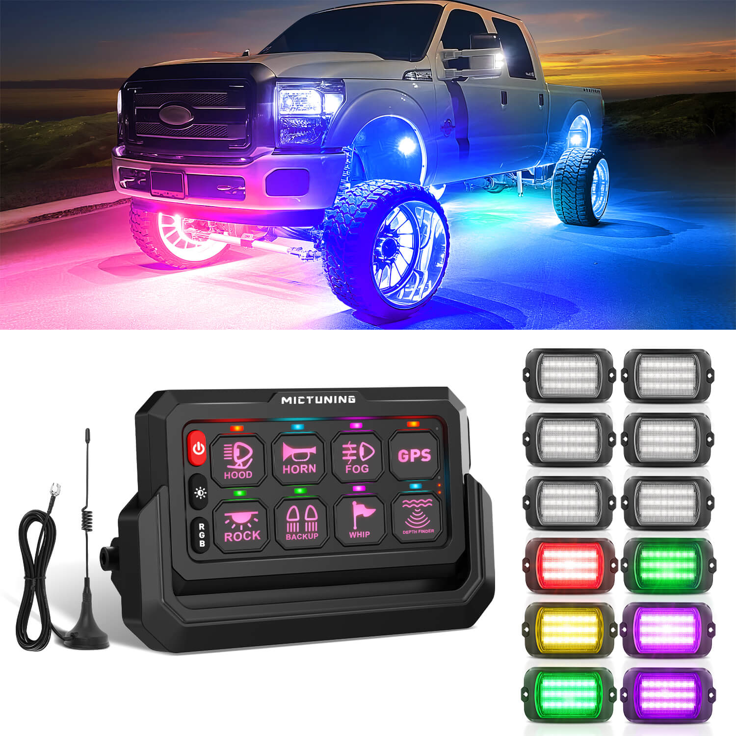Q1 Max RGB+IC Rock Lights 8-24 Pods Bundle with P1s-W Wireless RGB Switch Panel 8/12 Gang, Up to 328FT Range