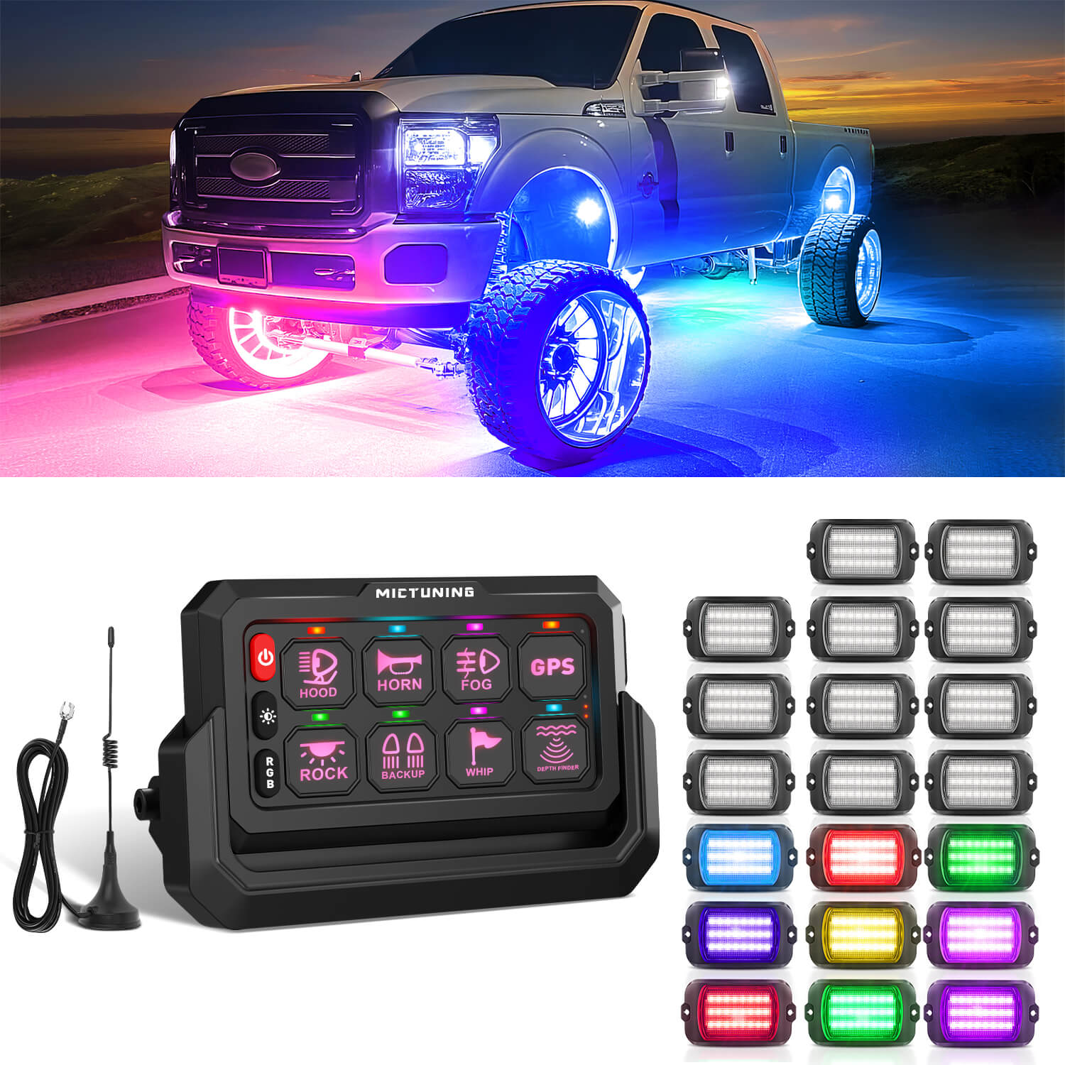Q1 Max RGB+IC Rock Lights 8-24 Pods Bundle with P1s-W Wireless RGB Switch Panel 8/12 Gang, Up to 328FT Range