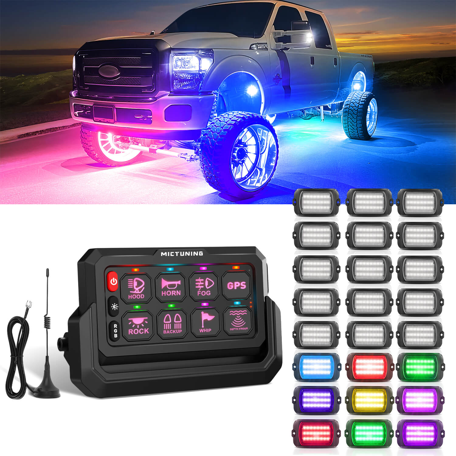 Q1 Max RGB+IC Rock Lights 8-24 Pods Bundle with P1s-W Wireless RGB Switch Panel 8/12 Gang, Up to 328FT Range