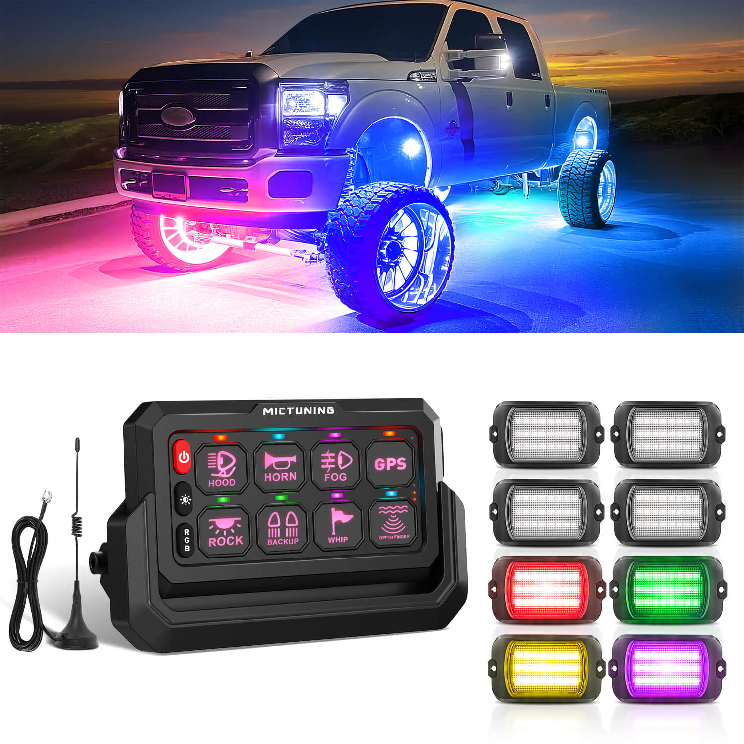 Q1 Max RGB+IC Rock Lights 8-24 Pods Bundle with P1s-W Wireless RGB Switch Panel 8/12 Gang, Up to 328FT Range