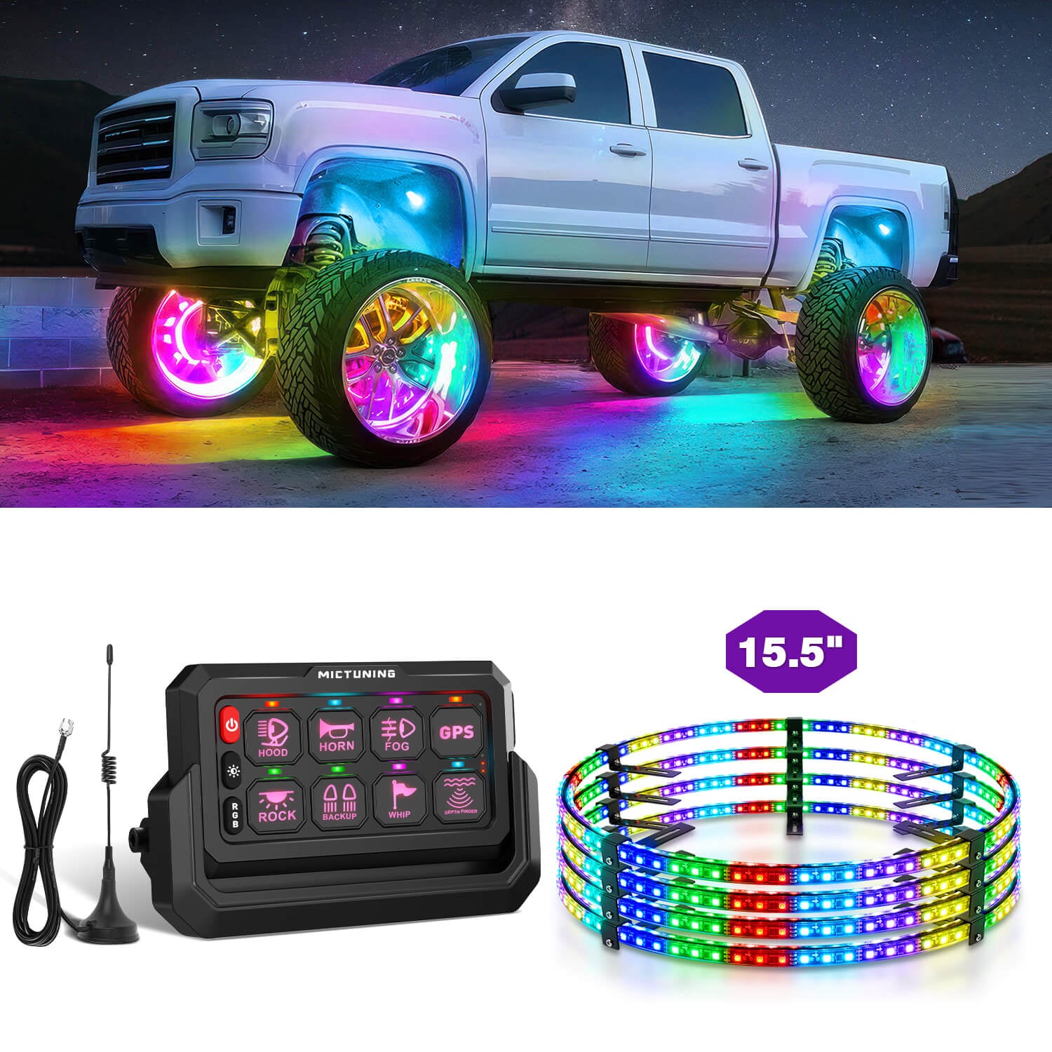15.5″/17″ V1 RGB+IC Chasing Color Wheel Ring Lights Kit Bundle with P1s-W Wireless RGB Switch Panel 8/12 Gang, Up to 328FT Range