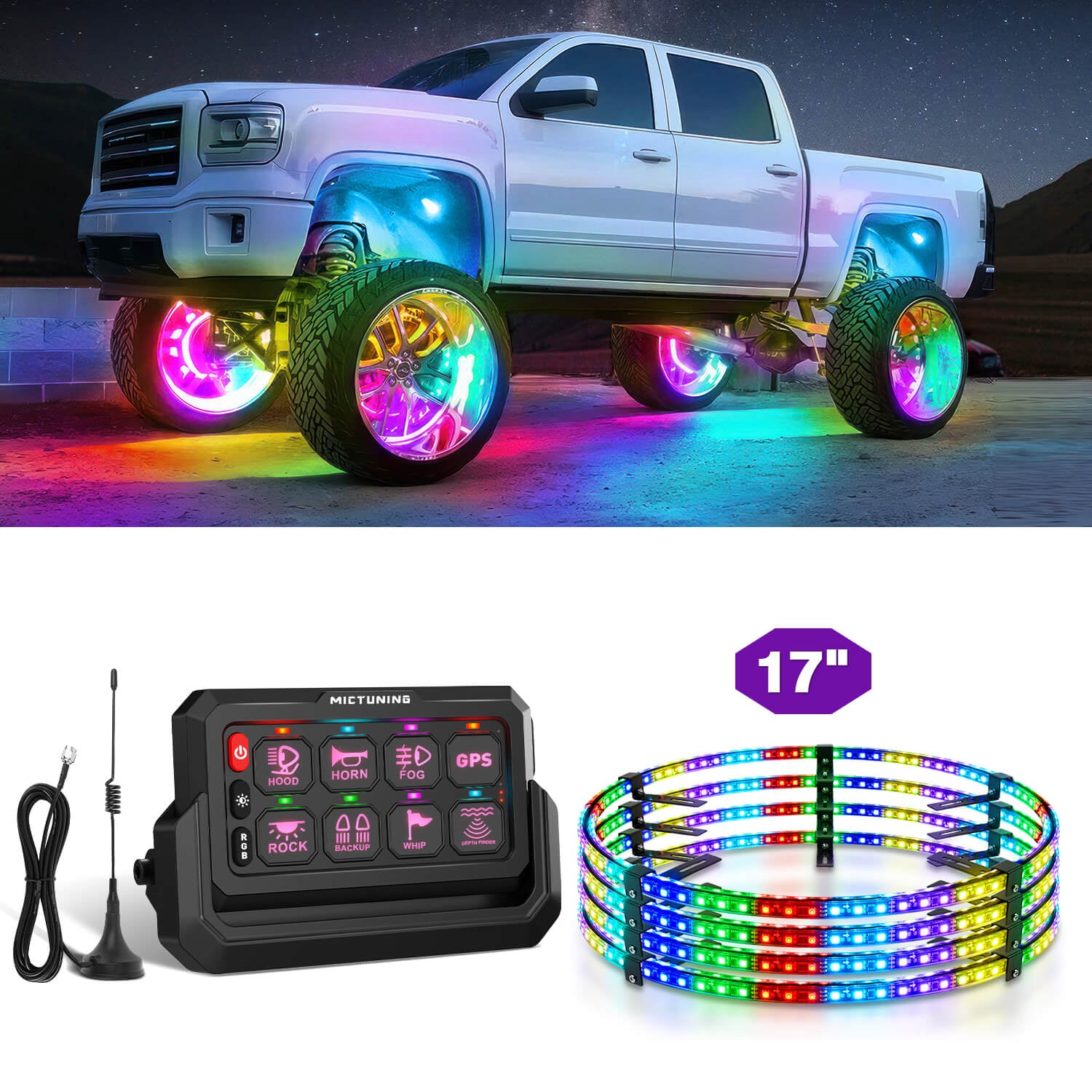 15.5″/17″ V1 RGB+IC Chasing Color Wheel Ring Lights Kit Bundle with P1s-W Wireless RGB Switch Panel 8/12 Gang, Up to 328FT Range