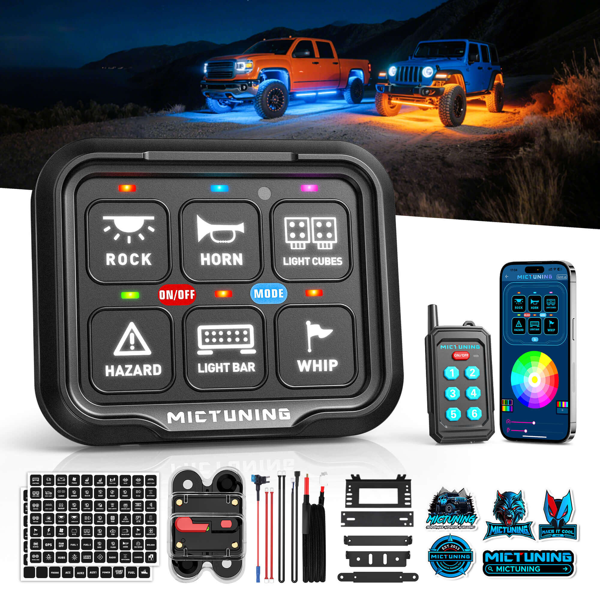 MICTUNING P8Y Ultra RGB Switch Panel with App & 230FT Remote Control, 6/8 Gang , IP67 Waterproof, Auto-Dimming