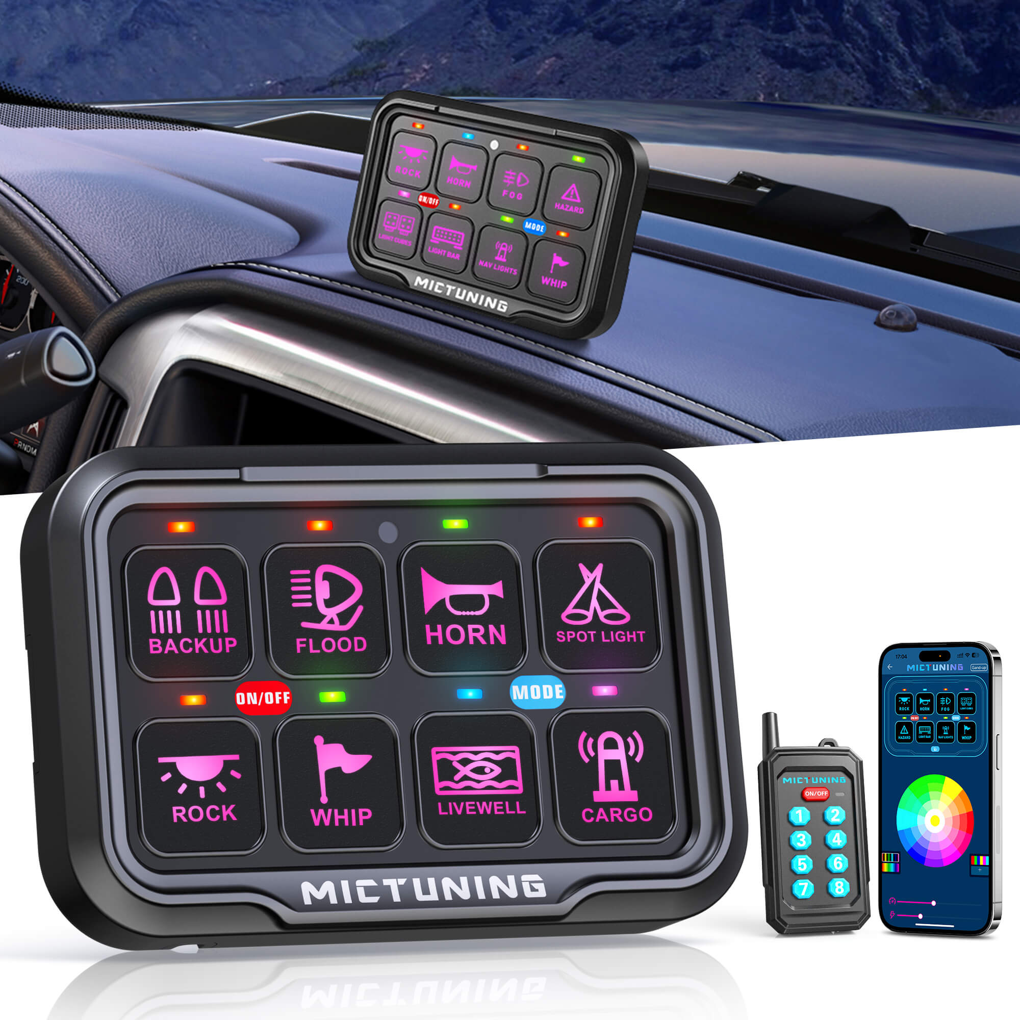 P8Y Ultra RGB Switch Panel with App & 230FT Remote Control, 6/8 Gang , IP67 Waterproof, Auto-Dimming
