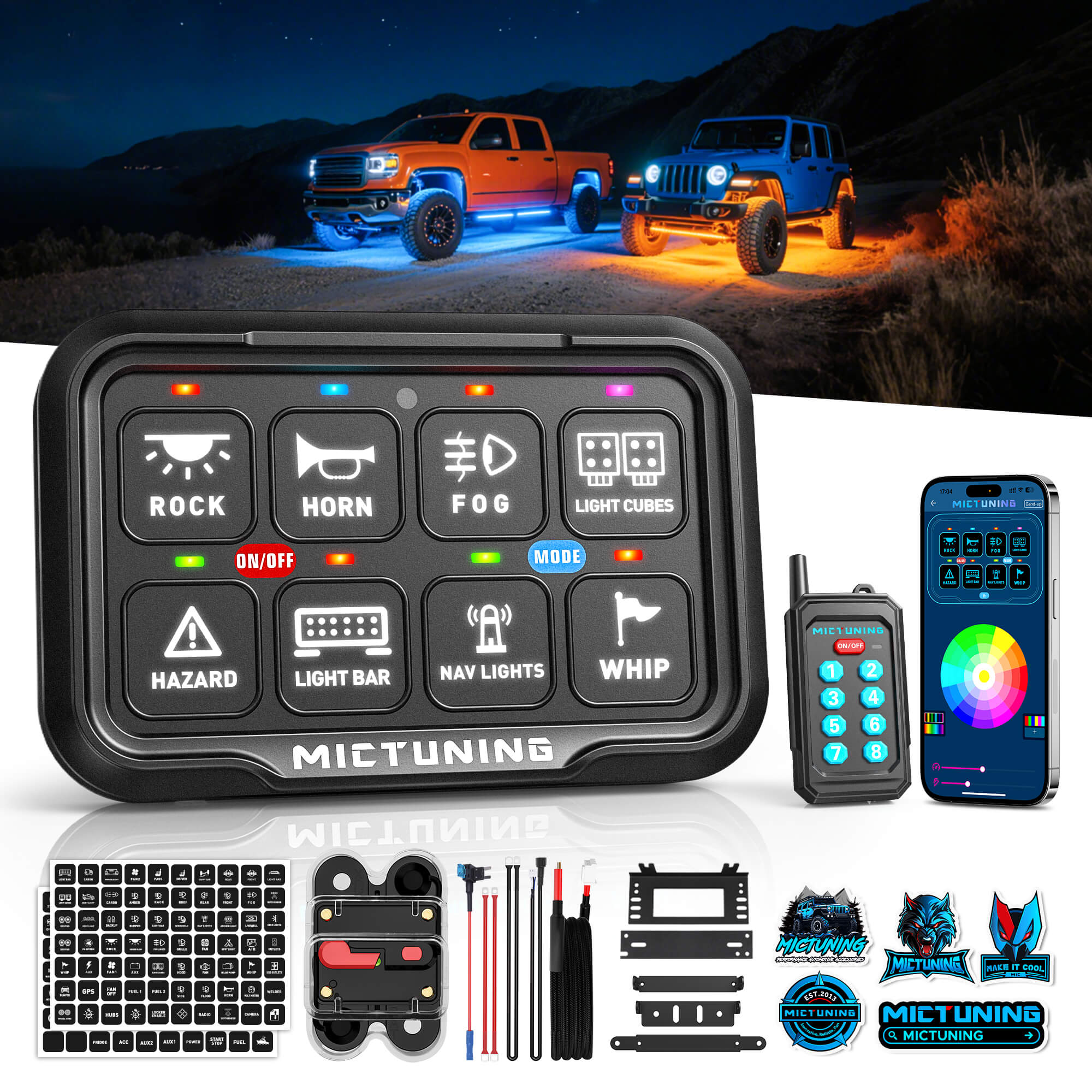 P8Y Ultra RGB Switch Panel with App & 230FT Remote Control, 6/8 Gang , IP67 Waterproof, Auto-Dimming