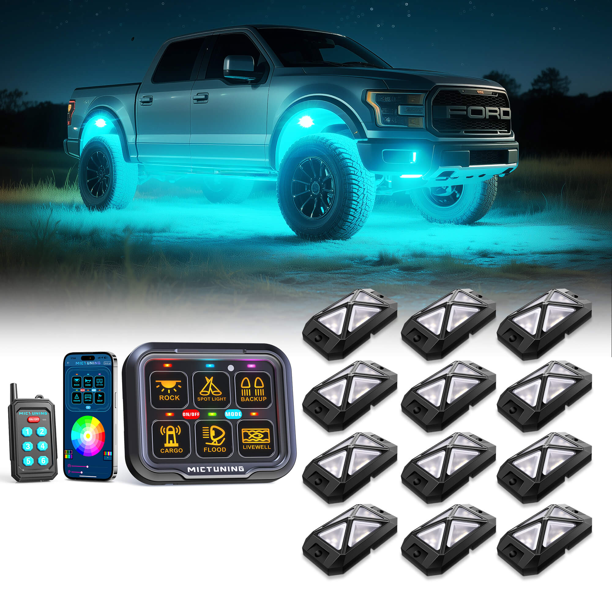 C4 4-Sided RGBW LED Rock Lights 8-16 Pods Bundle with P8Y Ultra RGB Switch Panel with App & 230FT Remote Control, 6/8 Gang