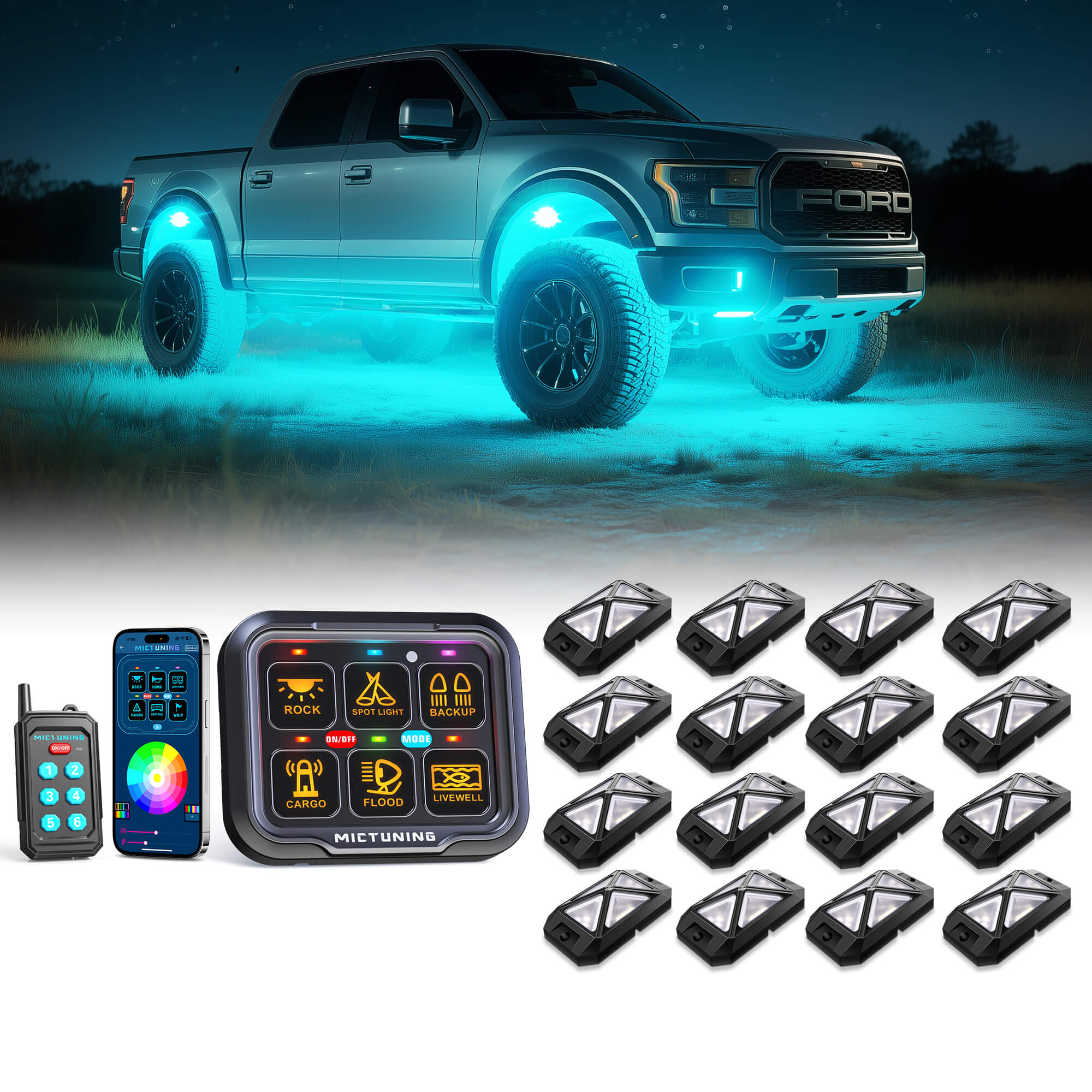 C4 4-Sided RGBW LED Rock Lights 8-16 Pods Bundle with P8Y Ultra RGB Switch Panel with App & 230FT Remote Control, 6/8 Gang