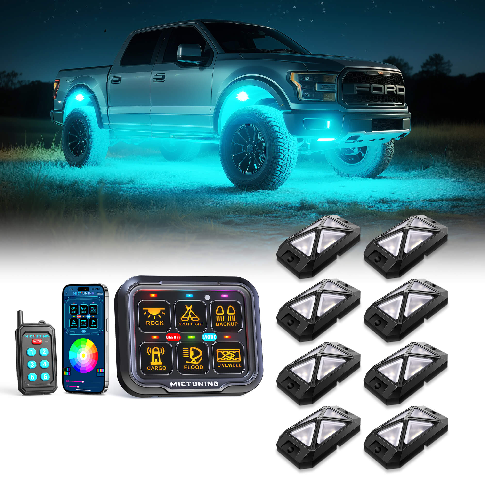 C4 4-Sided RGBW LED Rock Lights 8-16 Pods Bundle with P8Y Ultra RGB Switch Panel with App & 230FT Remote Control, 6/8 Gang