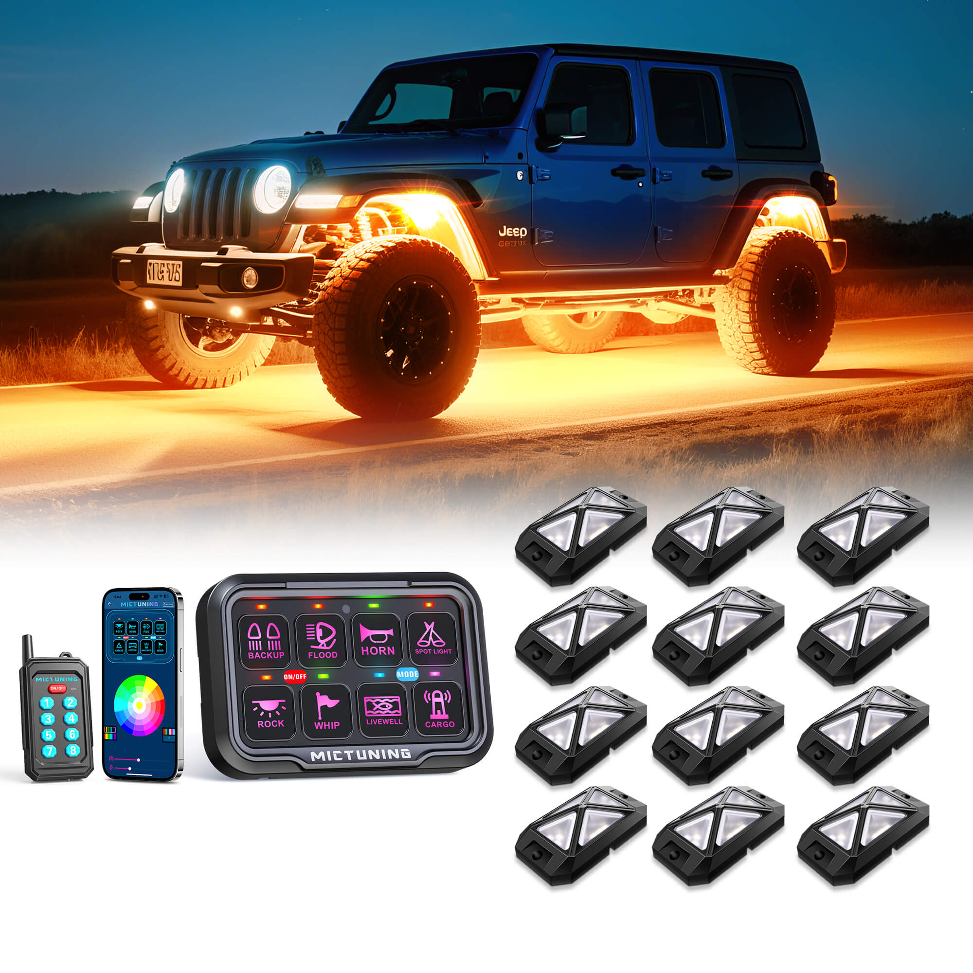 C4 4-Sided RGBW LED Rock Lights 8-16 Pods Bundle with P8Y Ultra RGB Switch Panel with App & 230FT Remote Control, 6/8 Gang