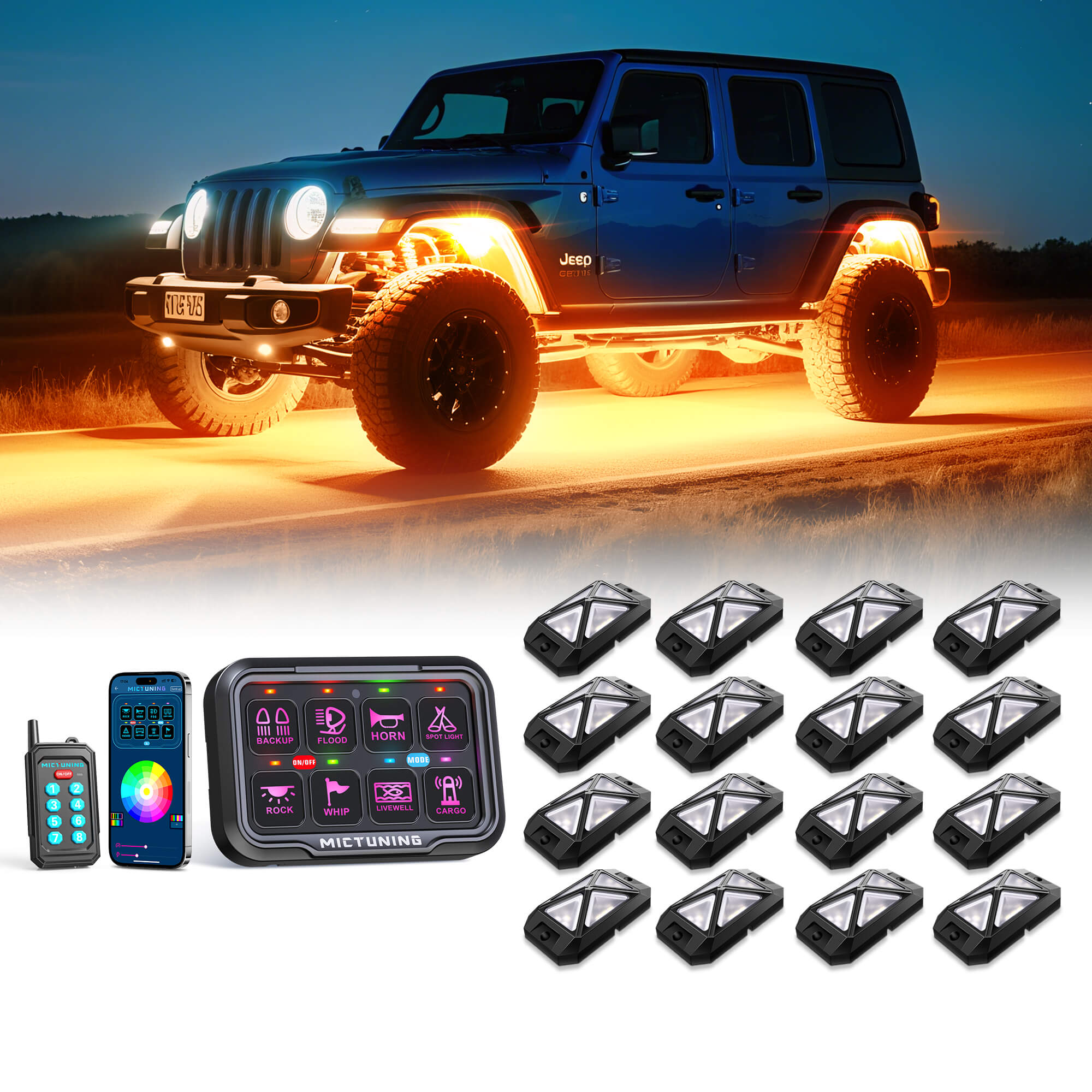 C4 4-Sided RGBW LED Rock Lights 8-16 Pods Bundle with P8Y Ultra RGB Switch Panel with App & 230FT Remote Control, 6/8 Gang