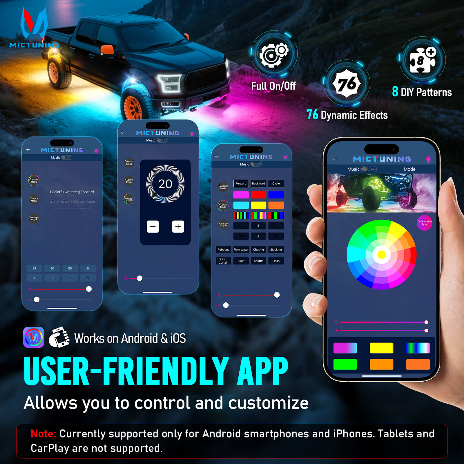 Q1 Max RGB+IC Rock Lights 8-24 Pods Bundle with 15.5″/17″ V1 RGB+IC Chasing Color Wheel Ring Lights Kit with APP Control