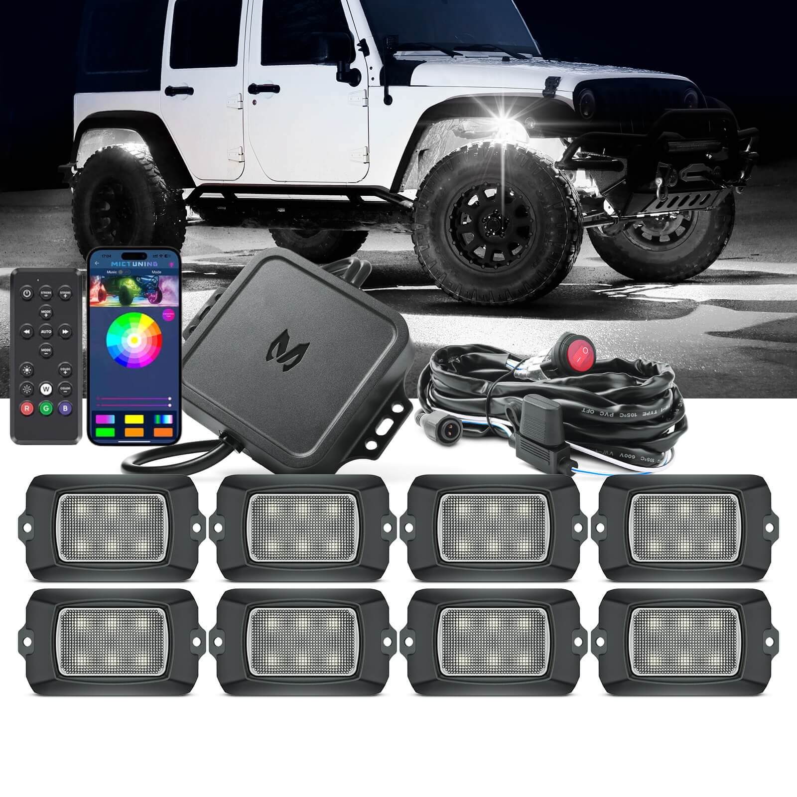Q1 RGBW LED Rock Lights - 8 Pods Multicolor Neon LED Light Kit, APP + Remote Control