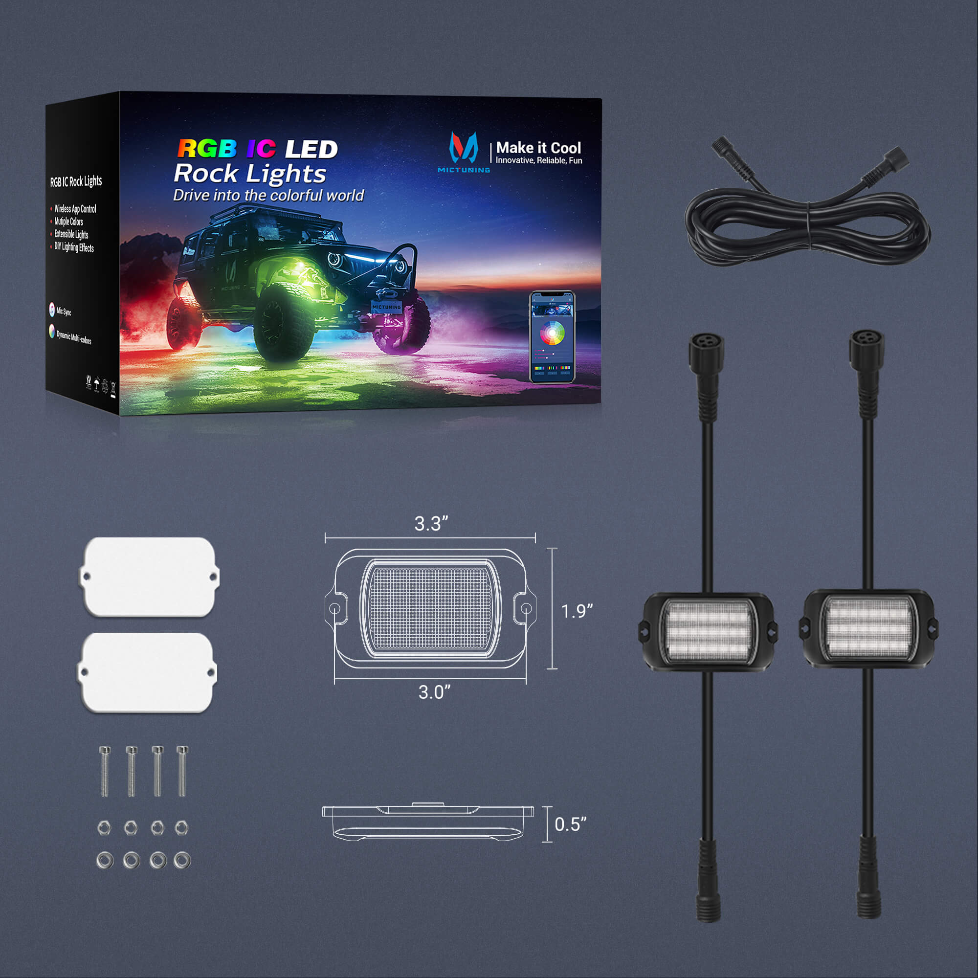 Newest Q1 Max RGB+IC Rock Lights Chasing Dream Color, 8-12 Pods, Extensible Up to 24 Pods, APP Control, IP68 Waterproof