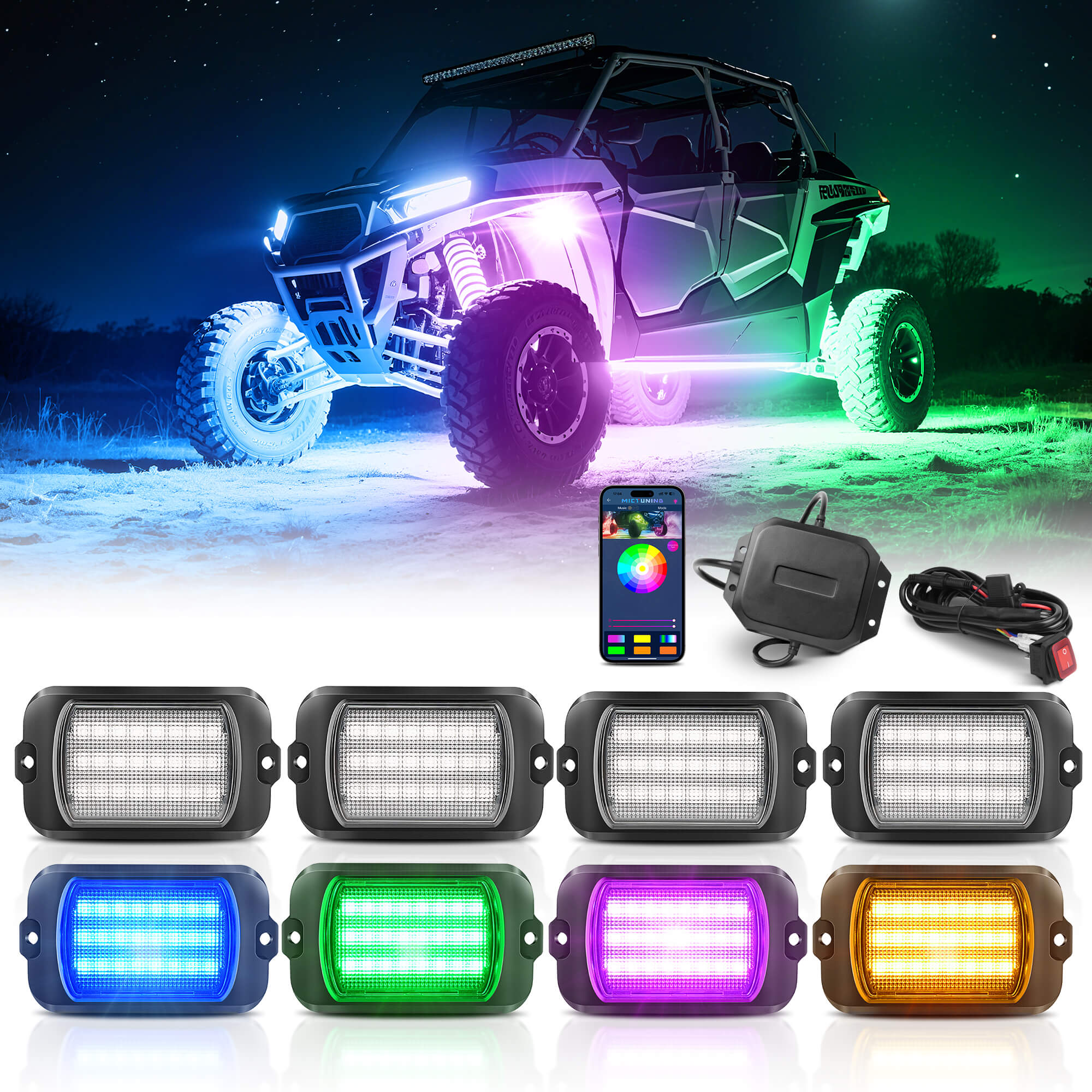 MS-W Slim Wireless Switch Panel Up to 208FT Range 6 Gang/8 Gang Bundle with Q1 Max RGB+IC Rock Lights Chasing Dream Color 8-24 Pods