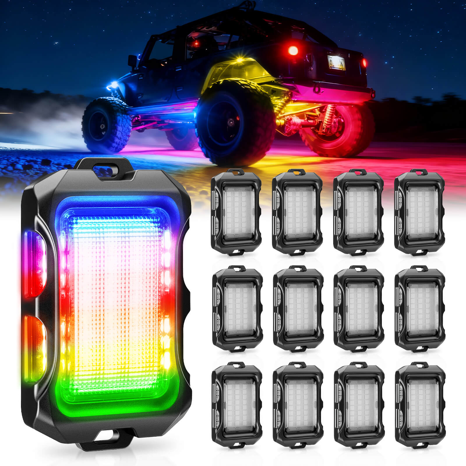 Newest Q2 MAX RGB+IC Rock Lights, 8-16 Pods Multi-Color DIY Effect Underglow Neon Kit, Individual Group Control, APP Control
