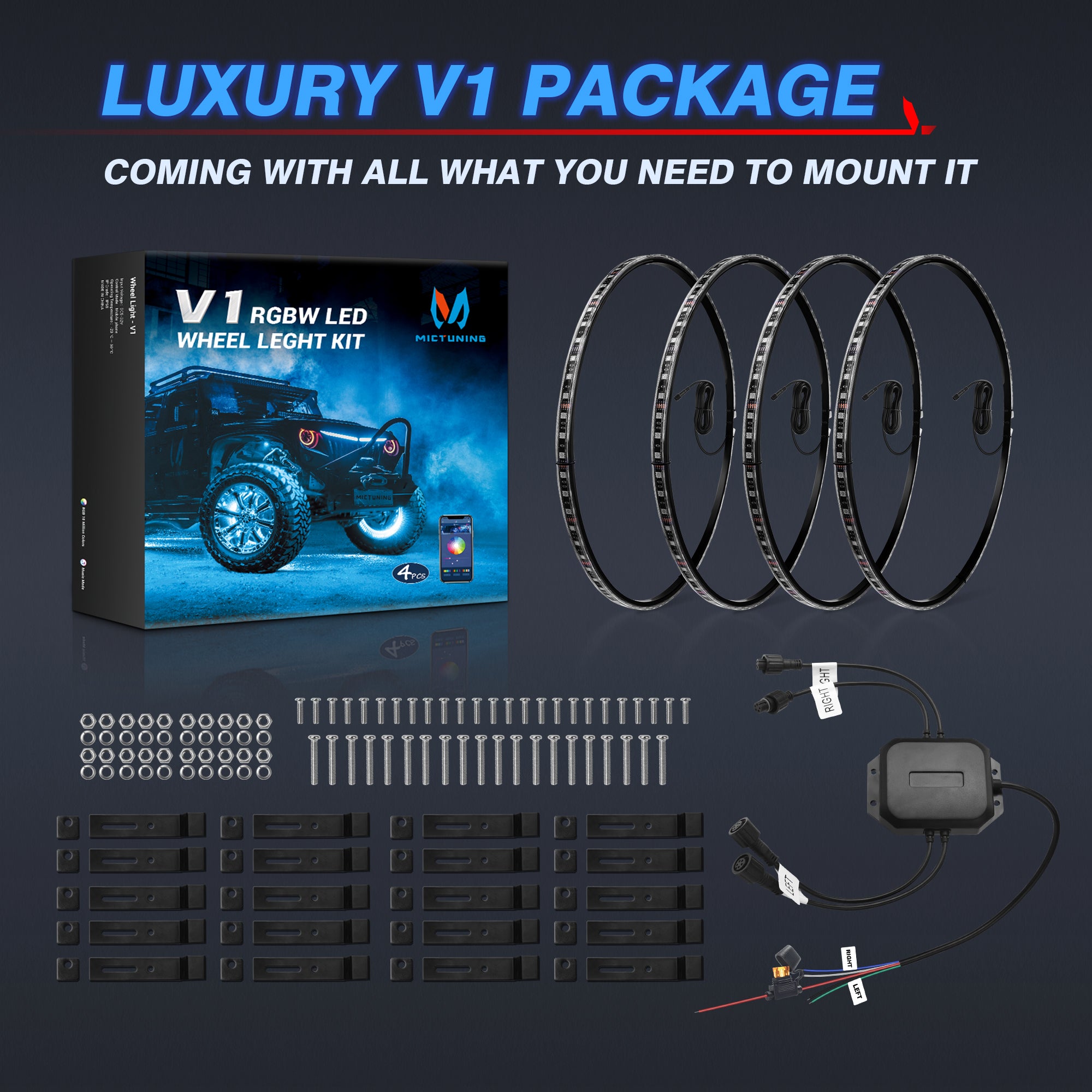 C4 4-Sided RGBW LED Rock Lights 8-16 Pods Bundle with V1 RGBW LED Wheel Ring Lights Kit 15.5″/17.5″