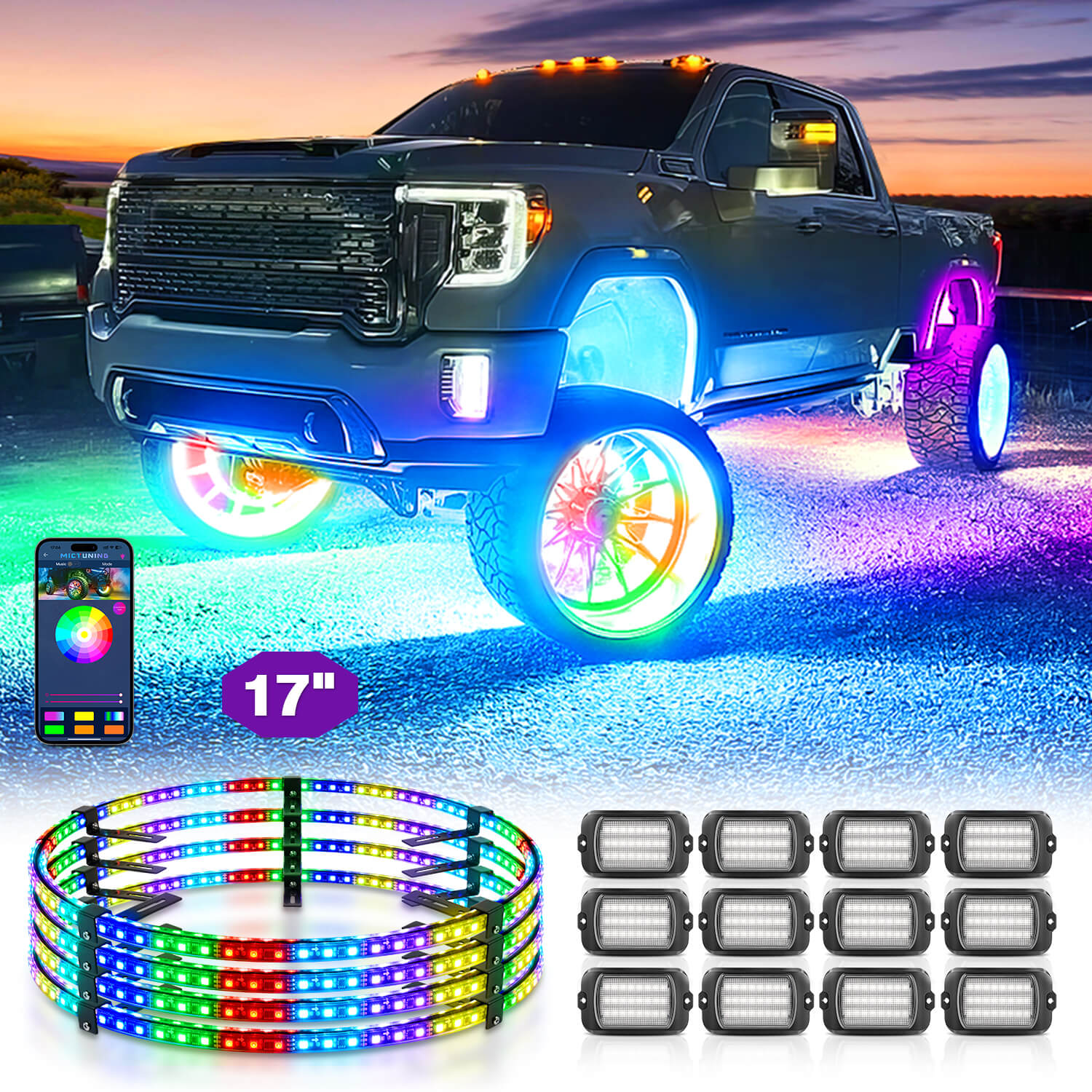 MICTUNING Q1 Max RGB+IC Rock Lights + 15.5″/17″ V1 RGB+IC Chasing