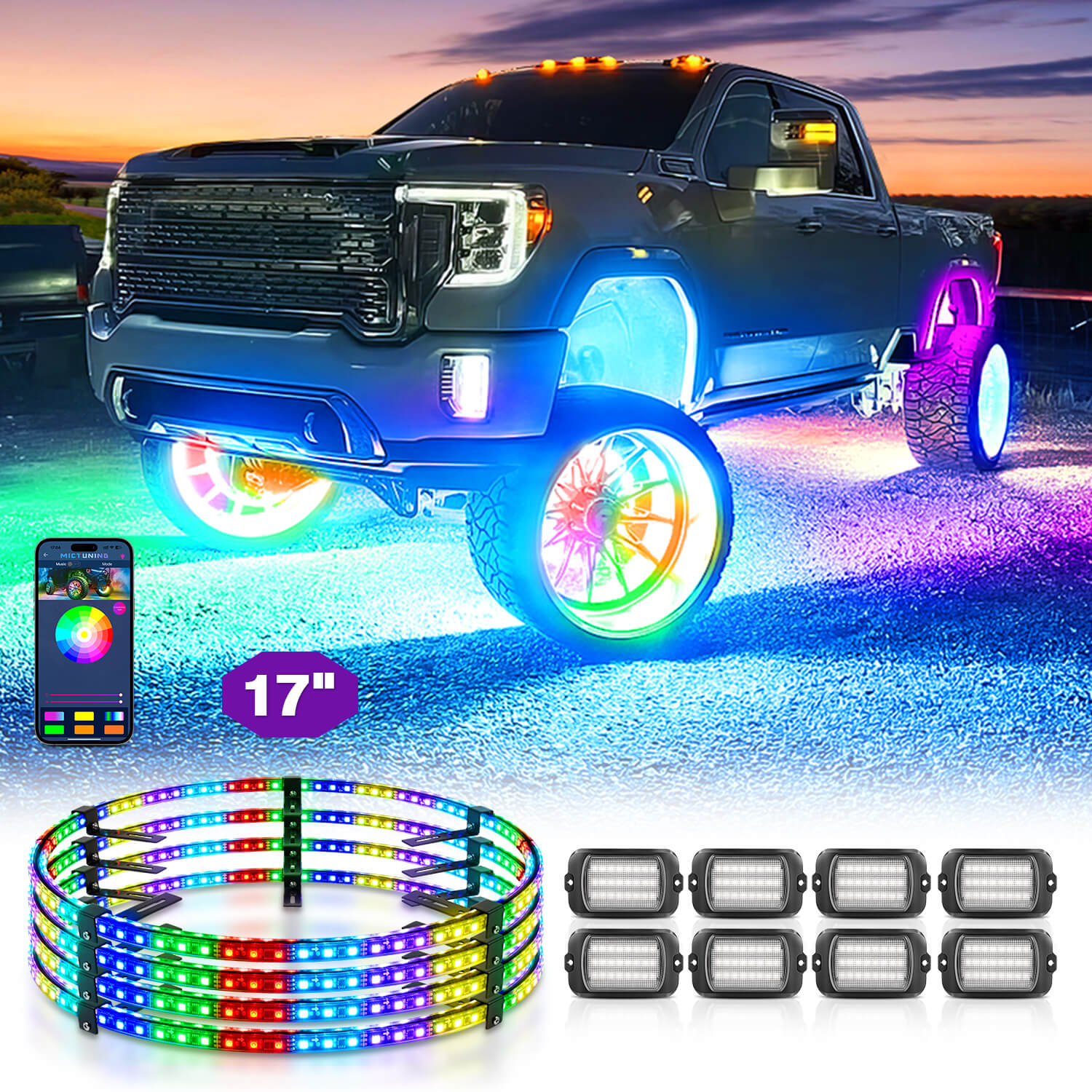 Q1 Max RGB+IC Rock Lights 8-24 Pods Bundle with 15.5″/17″ V1 RGB+IC Chasing Color Wheel Ring Lights Kit with APP Control