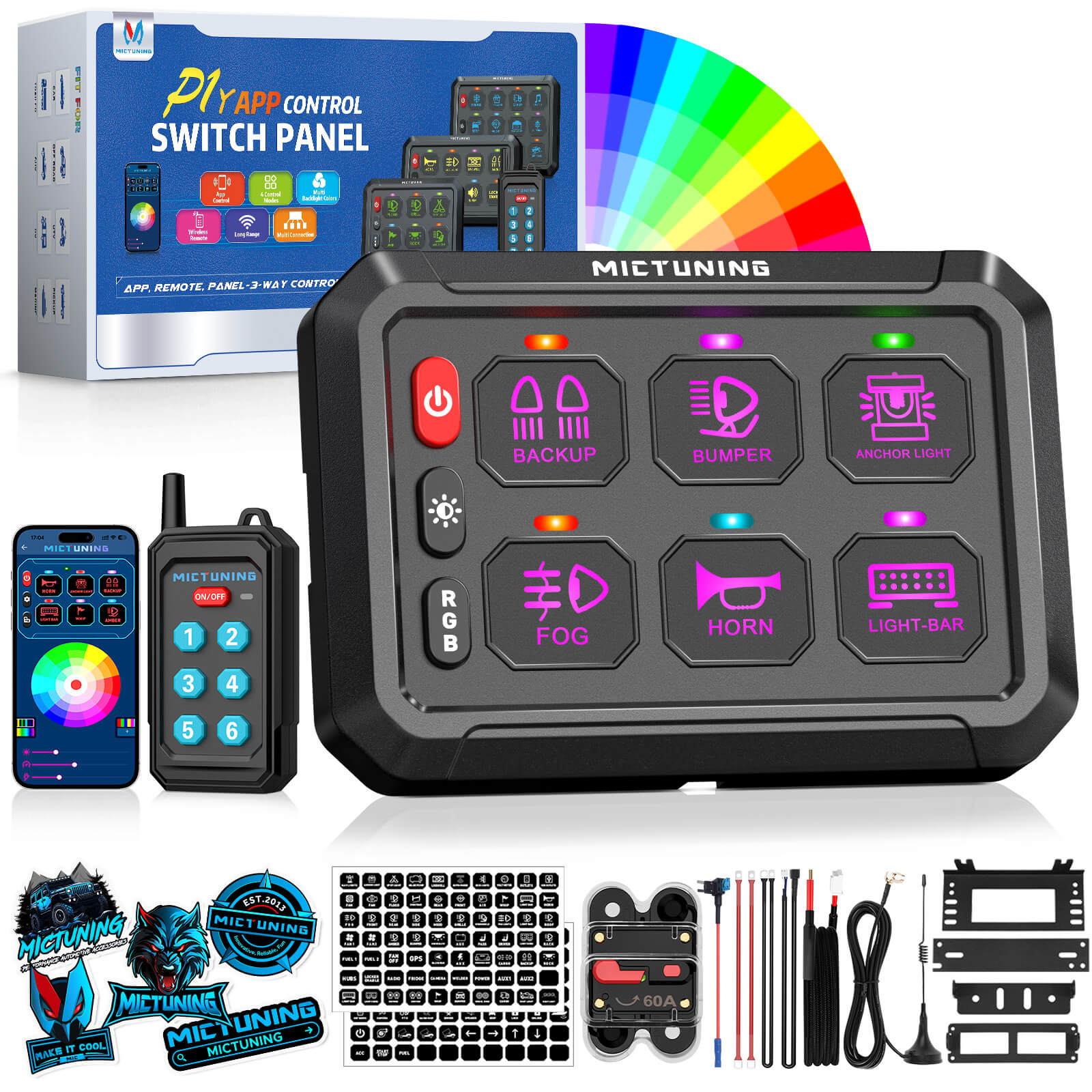 Upgraded P1Y RGB Switch Panel with Wireless Remote+App Control, 6/8/12 Gang, Circuit Box Toggle Switch Momentary Circuit 230FT Control Relay System