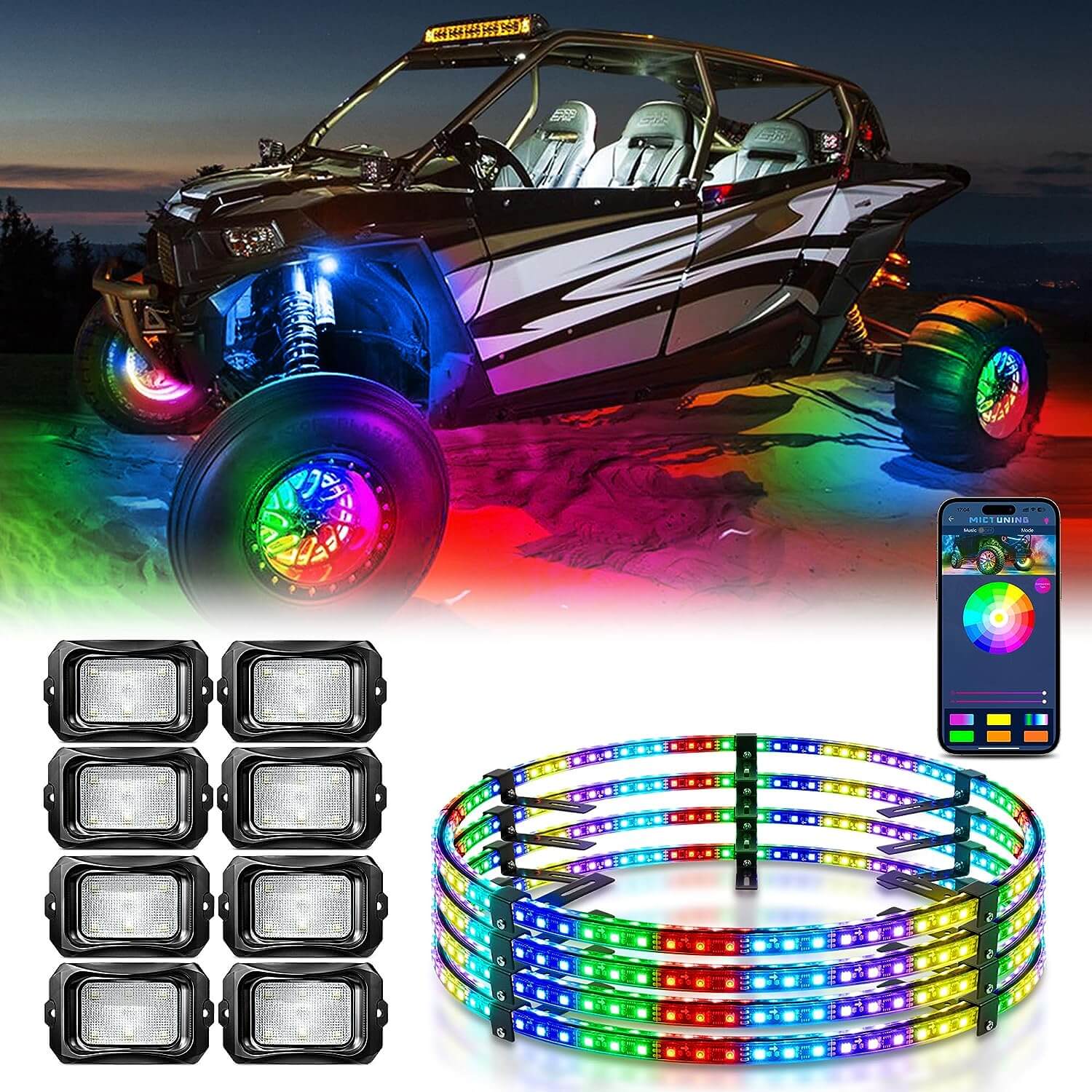 C2 RGB+IC LED Rock Lights Kit 8/12 Pods Bundle with 15.5″/17″ V1 RGB+IC Wheel Ring Lights Kit