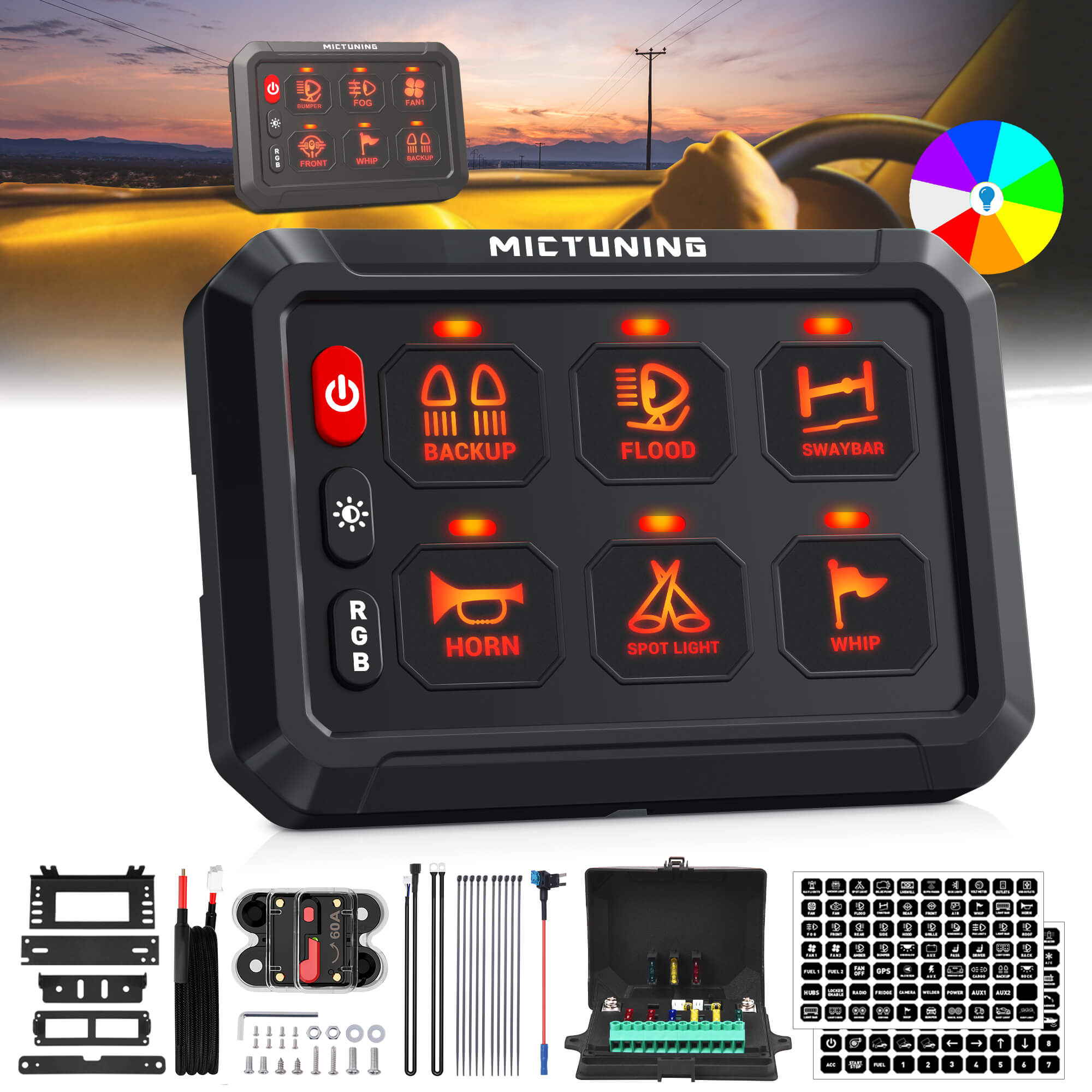 P1s RGB 6/8/12 Gang 5" Switch Panel, High Power 5-Level Brightness, Multifunction Touch Toggle Switch