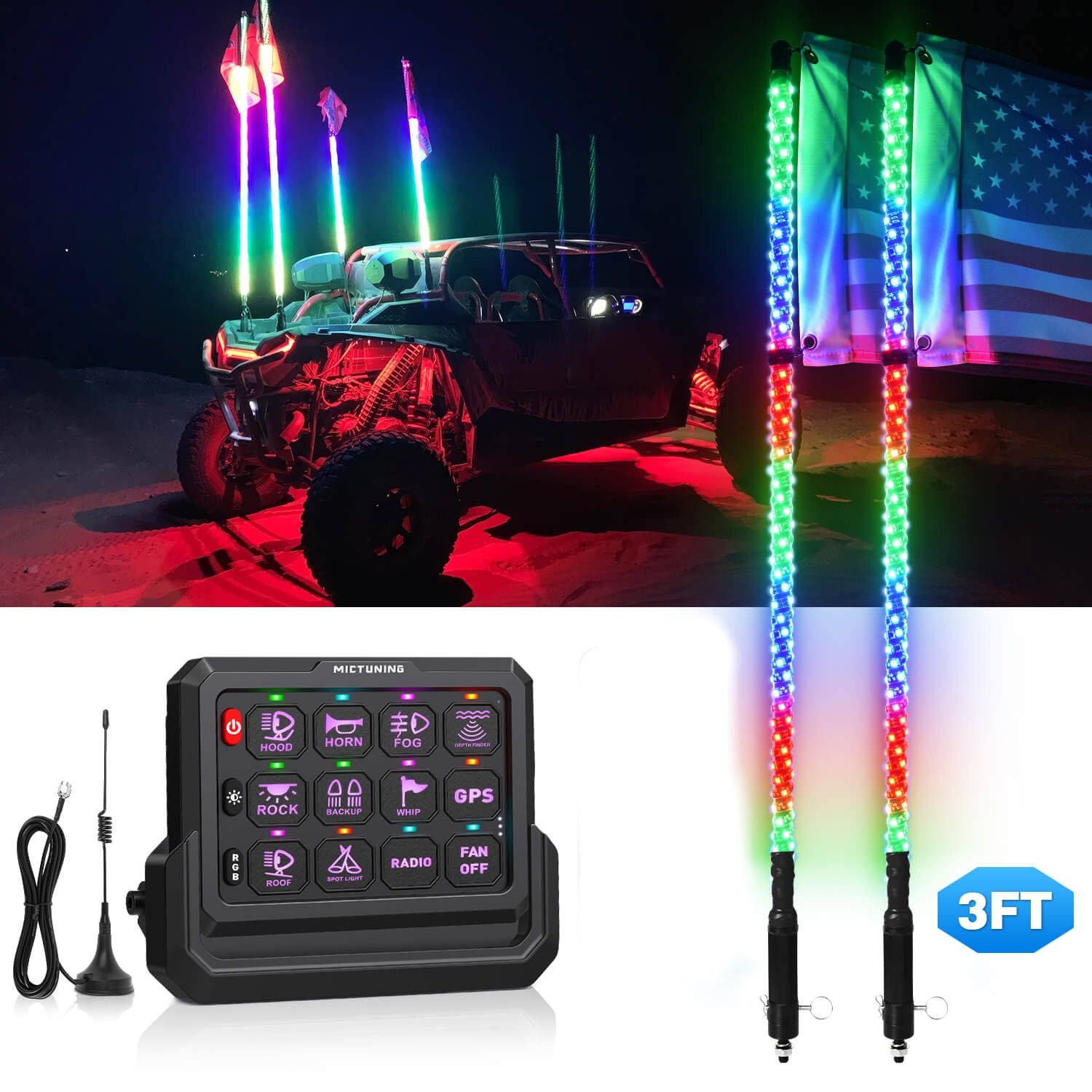 3FT/4FT W1 LED Whip Lights with Flag 10pcs Bundle with P1s-W Wireless RGB Switch Panel 8/12 Gang, Up to 328FT Range