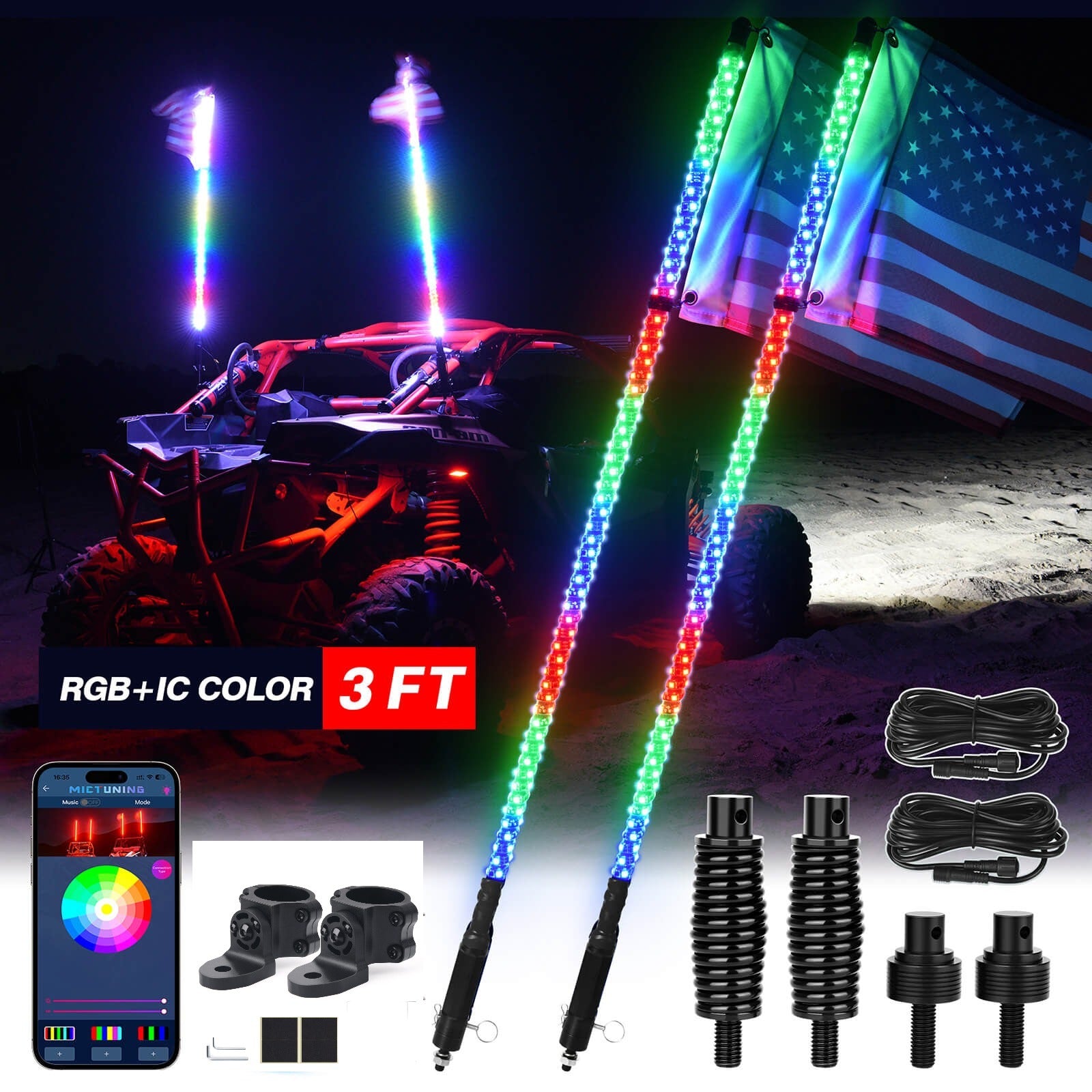 3FT/4FT W1 LED Whip Lights with Flag 2pcs - Spiral Bendable RGB Chasing Color Antenna Whips - Bluetooth App Control