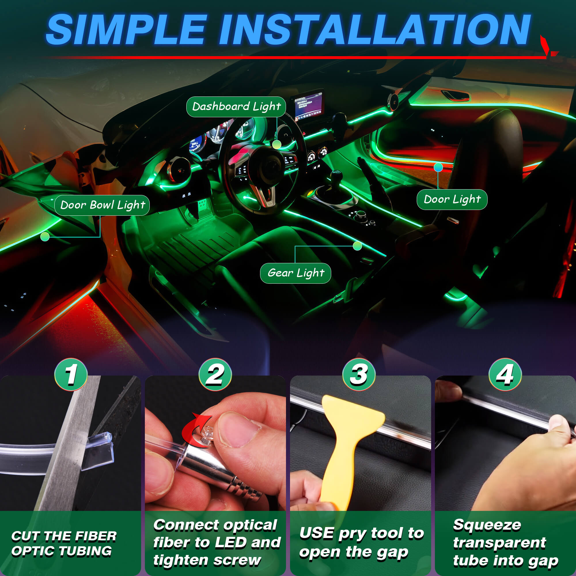 Interior Car LED Strip Lights, RGB Neon Ambient Lighting Kit with Fiber Optic Tubing, 16 Million Colors, Wireless APP & Remote Control, 6-in-1 /8-in-1 /10-in-1