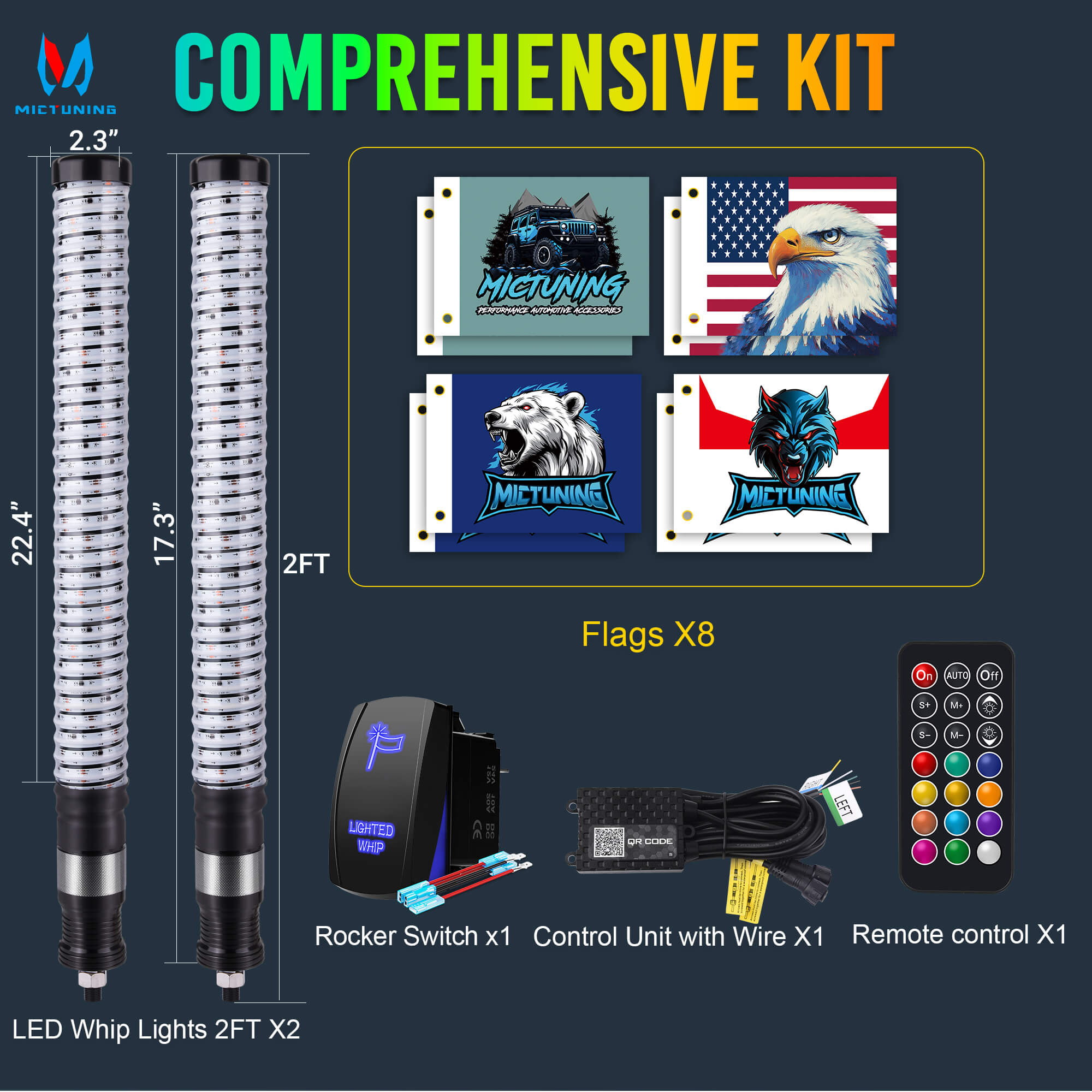 1FT/2FT Fat Whip Light COB LED RGB+IC Chasing Colors, App & Remote Control, 2pcs