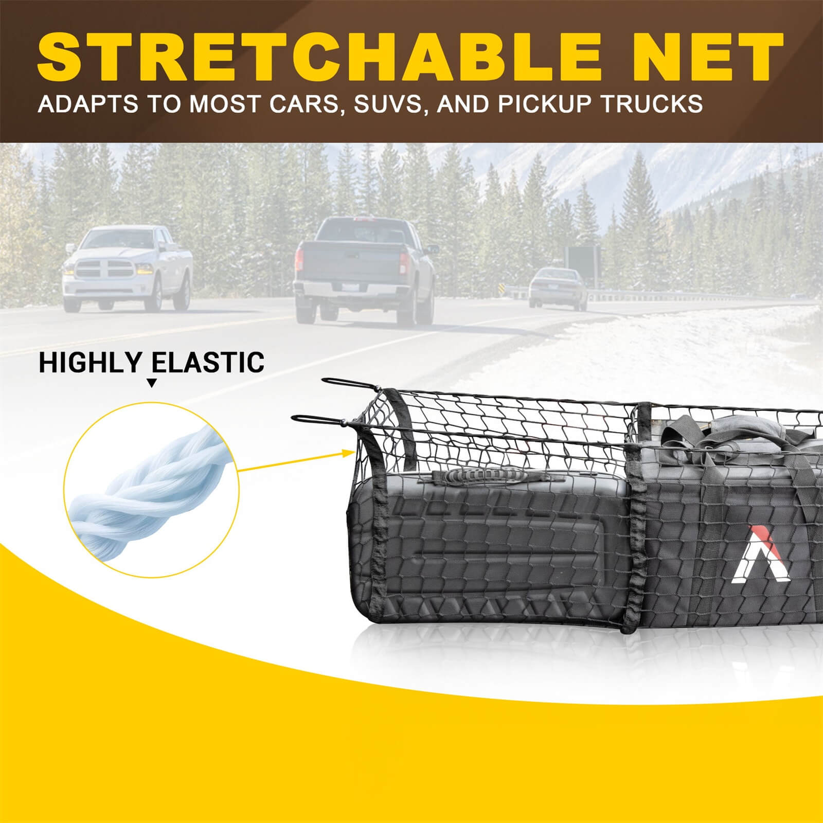 3 Pocket Mesh Cargo Net, Elastic Stretchable Cargo Organizer Storage Net for Car, SUV, Pickup Truck Bed with Metal Carabiners Storage Bag