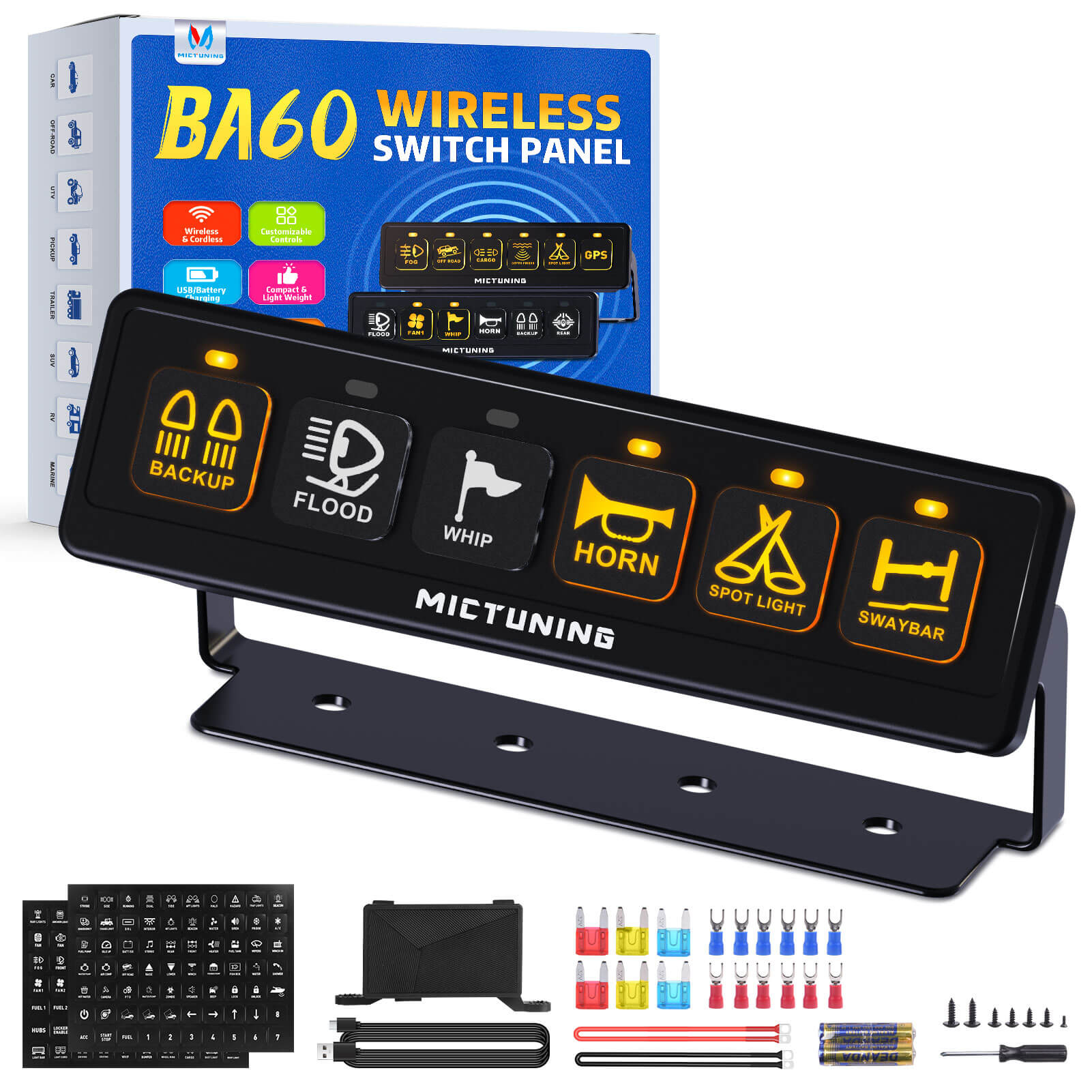 BA40/BA60 Wireless Switch Panel 4 Gang/6 Gang, Up to 164FT Range, 12V 60A Auxiliary Car Switch Panel