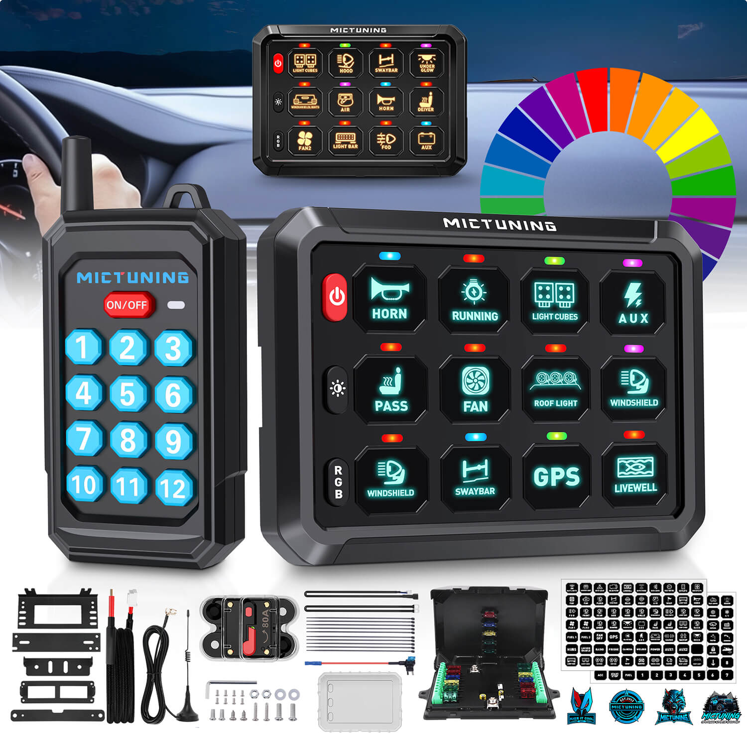 P1s RGB Switch Panel with Remote Control Range Up to 230FT, 6/8/12 Gang, Multifunction Toggle Momentary Strobe Pulsed Switch Pod w/ Silicone Cover