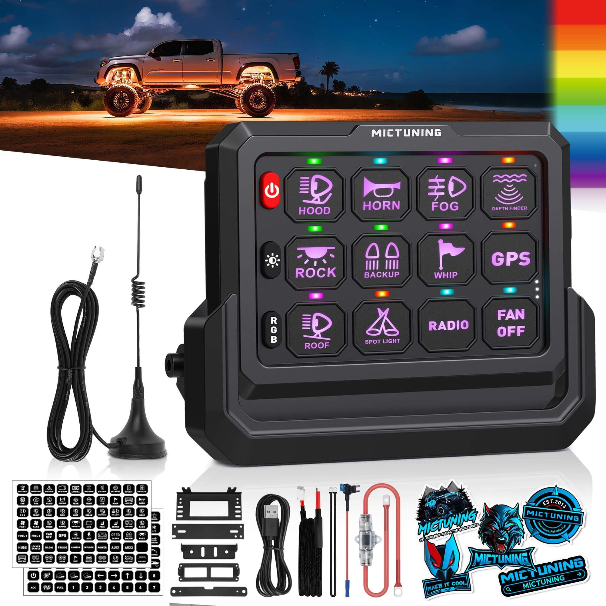P1s-W Wireless Switch Panel Support Multi-panel Control, Up to 328FT Range, 8/12 Gang Bundle with Q2 MAX RGB+IC Rock Lights Individual Group Control, 8-16 Pods
