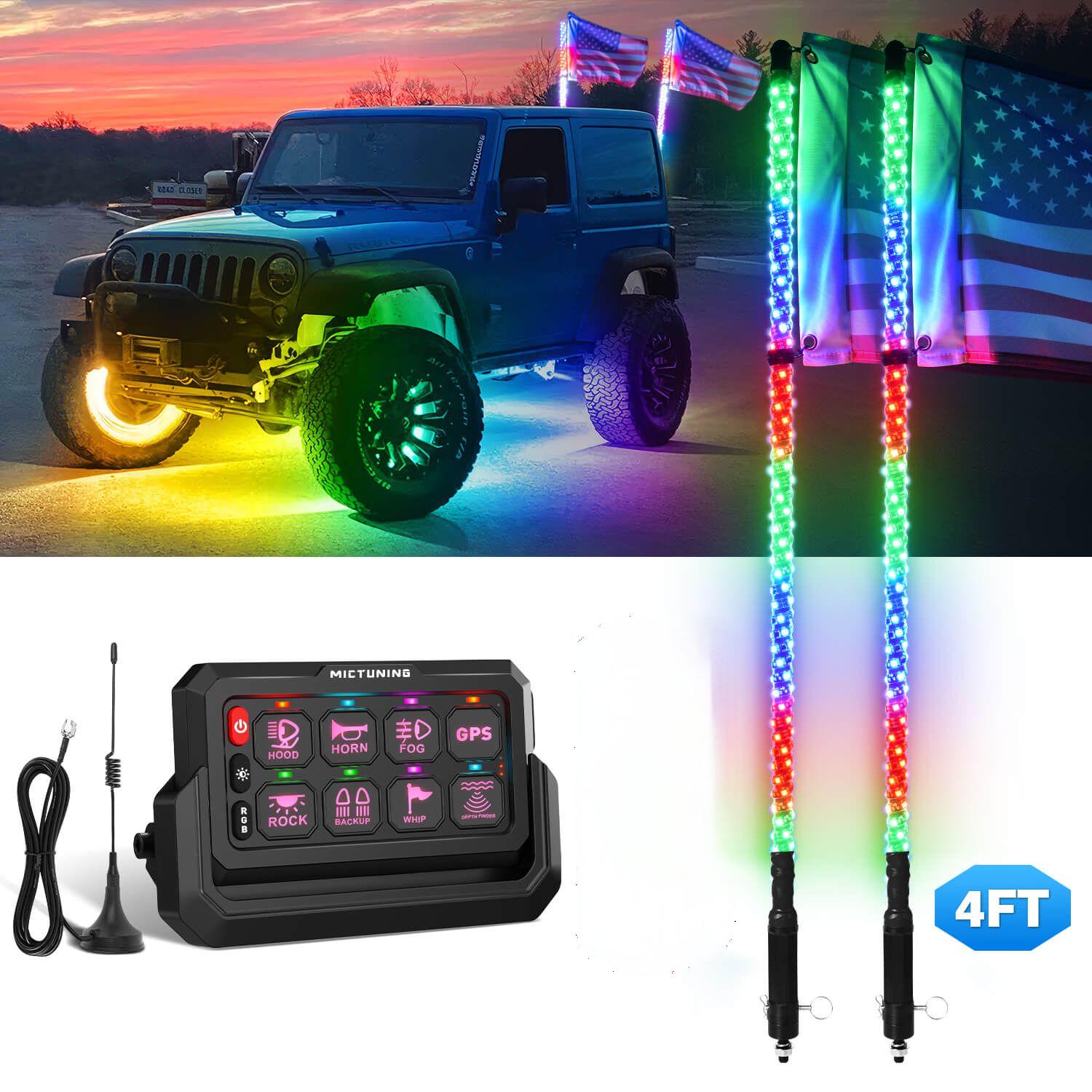 3FT/4FT W1 LED Whip Lights with Flag 10pcs Bundle with P1s-W Wireless RGB Switch Panel 8/12 Gang, Up to 328FT Range