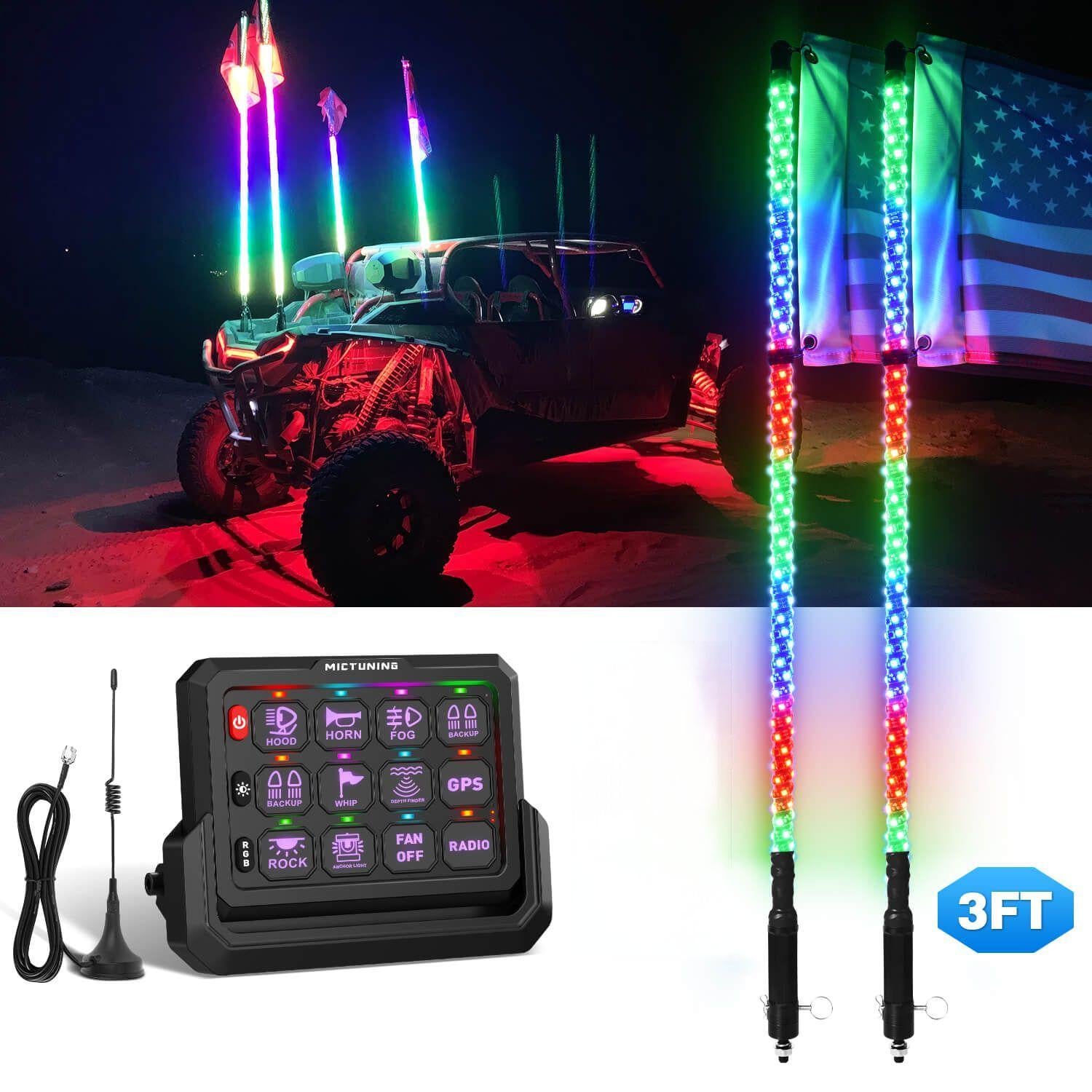 3FT/4FT W1 LED Whip Lights with Flag 10pcs Bundle with P1s-W Wireless RGB Switch Panel 8/12 Gang, Up to 328FT Range