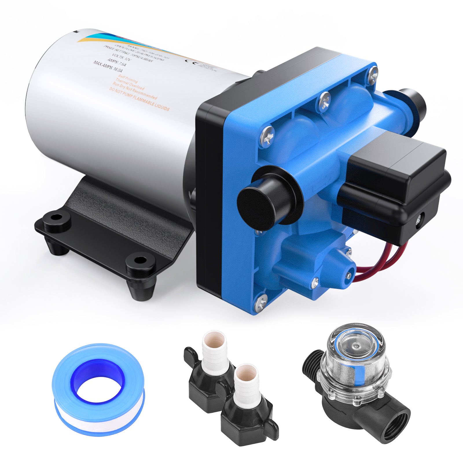 12V Water Diaphragm Pump, 5.5GPM 70PSI On Demand Self-priming Fresh Water Pressure Pump